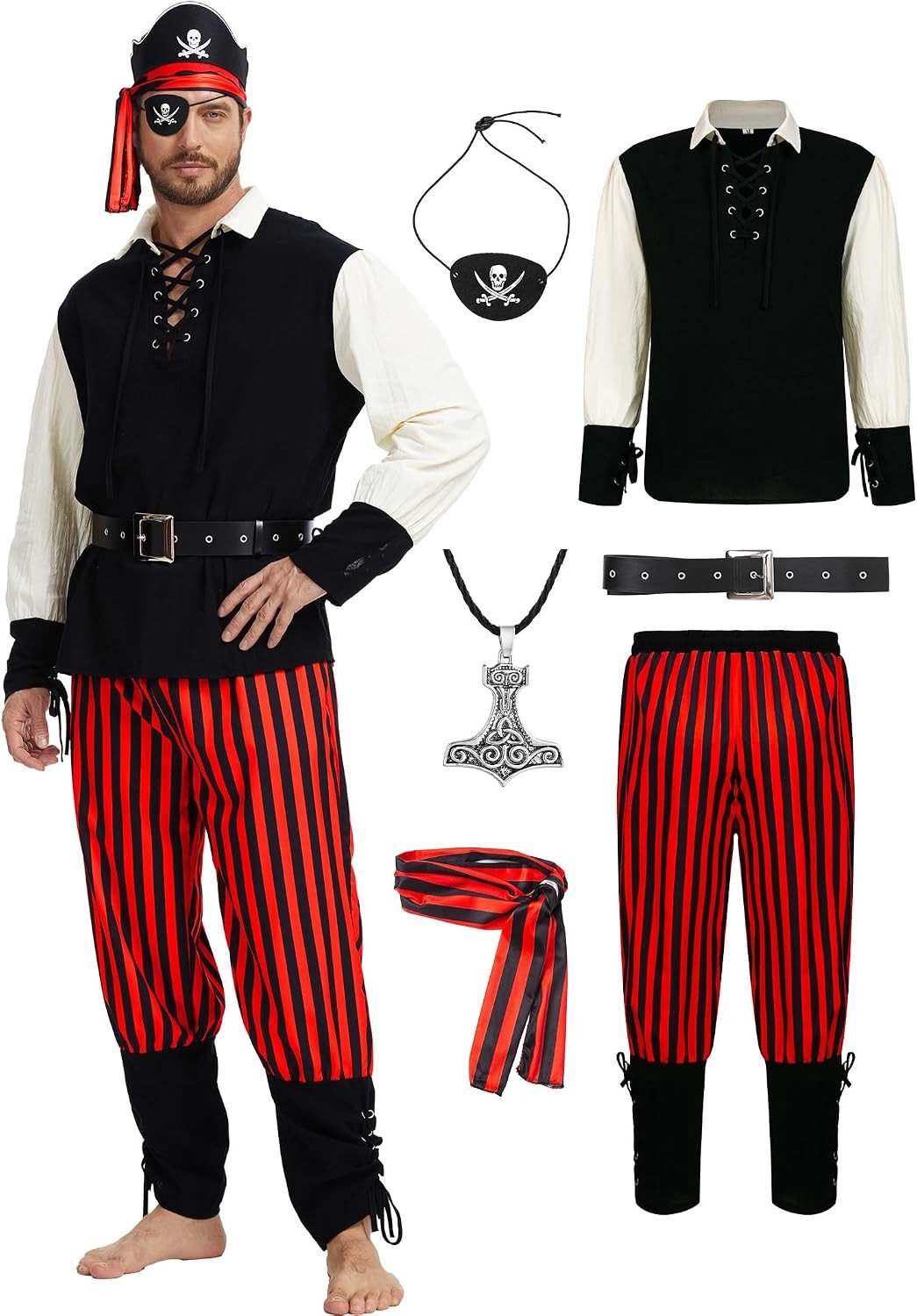 Piratenkostuum - Wit - Maat M - 6-delige Outfit voor Heren - Voor Carnaval en Halloween