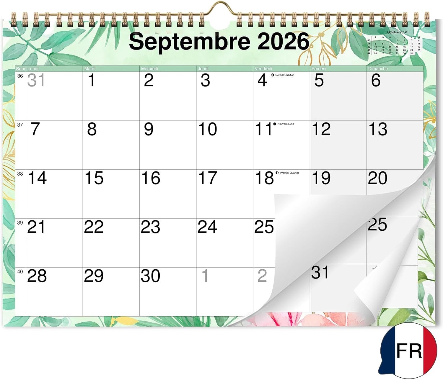 Wandkalender - Multikleur - A3 - 16 Maanden met Grote Franse Letters - Voor Thuis en Kantoor