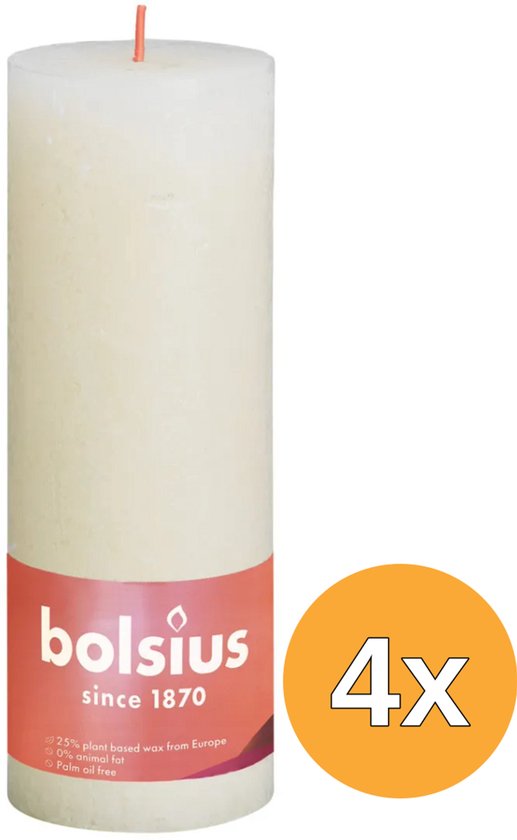 Bolsius rustieke kaars, ivoorkleurig, 19cm hoog. Verpakking bevat 4 stuks.