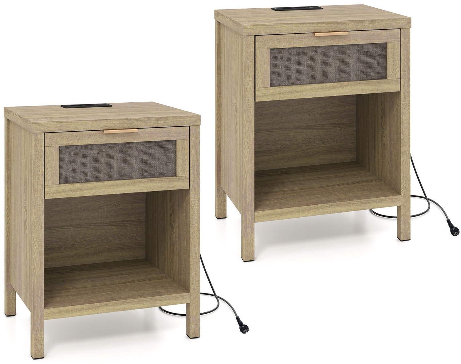 SureDeal® - Nachtkastje - Stucks - Ingebouwd Oplaadstation Eikenlook - Rotan effect - 50x38x64,5 cm - Naturel