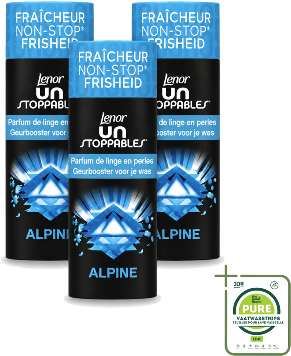 3 x Lenor Unstoppables – Geurbooster – Alpine – 19 Wasbeurten – 235 g - Grootverpakking - Vaatwasstrips - Geurbooster Wasgoed - Frisheid Wasgoed - Citrus Geur - Bloemen Geur - Kruiden Geur