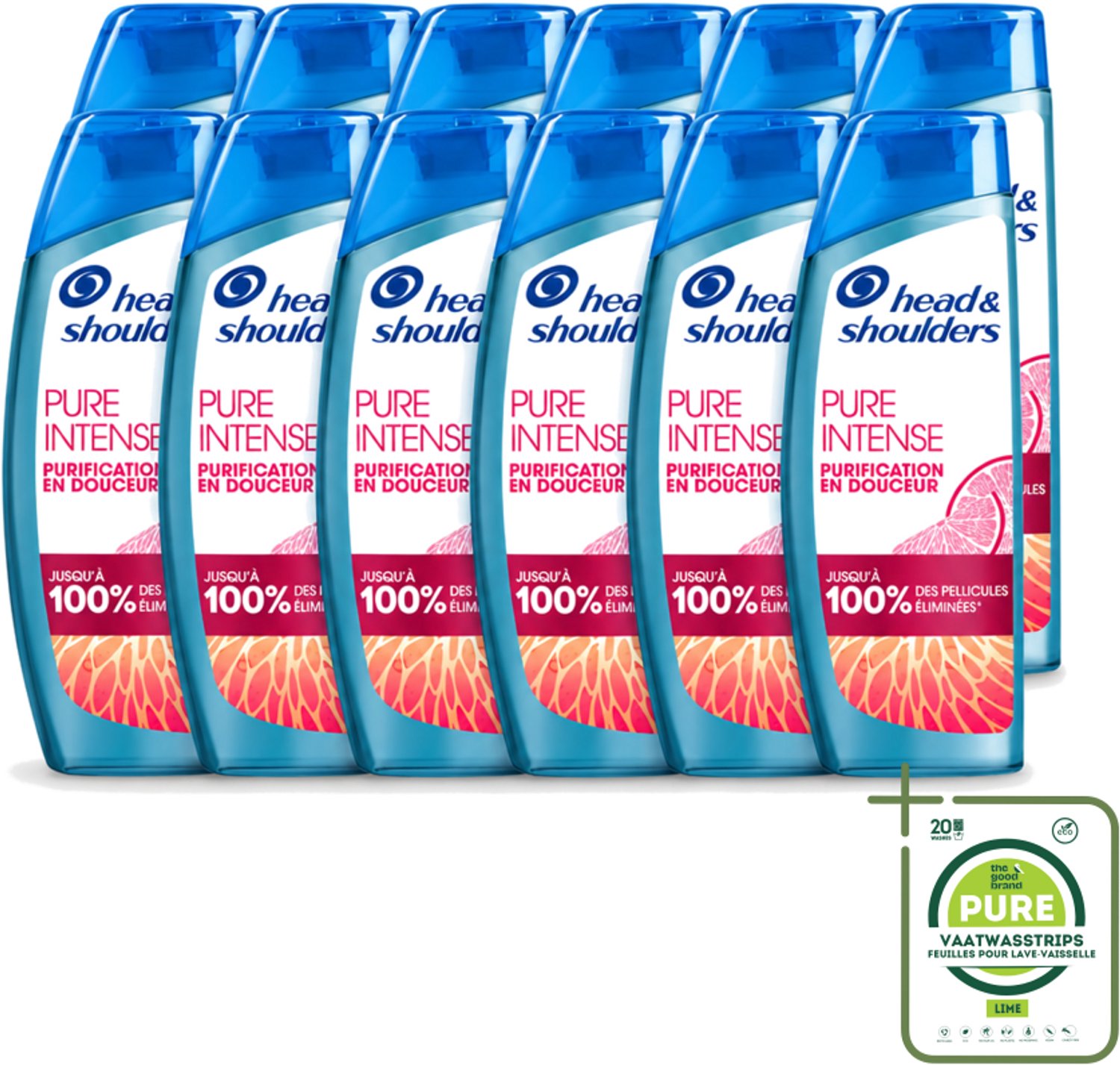 12 x Head & Shoulders - Anti-Roos Shampoo - Pure Intense - Grapefruit - 250 ml - Grootverpakking - Vaatwasstrips - Anti-roos Shampoo - Vet Hoofd - Schone Hoofdhuid - Roosvrij Haar - Grapefruit Geur