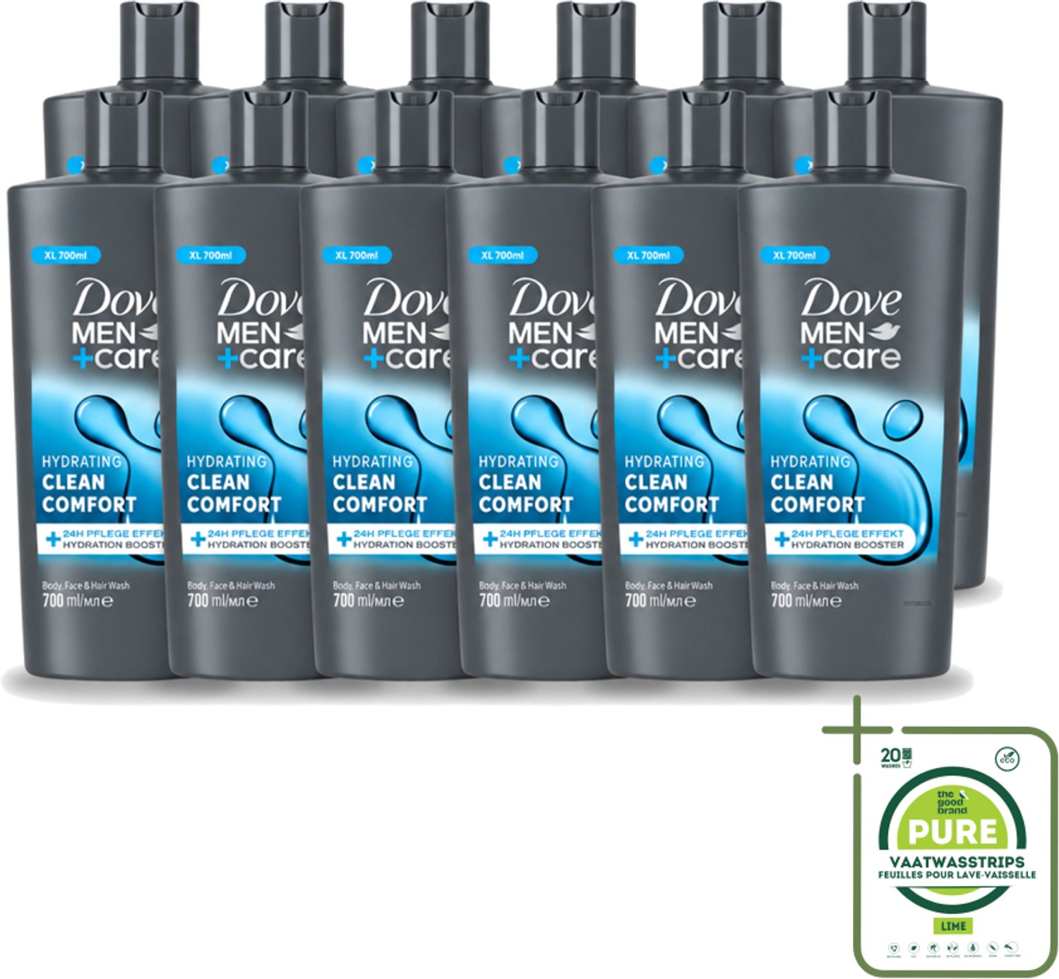 12 x Dove Men+Care - Clean Comfort - 3-in-1 Douchegel - Hydraterend- 700 ml - Grootverpakking - Vaatwasstrips - Douchegel Voor Mannen - Lichaamsgel - Gezichtsgel - Haarverzorging - Hydraatende Douchegel