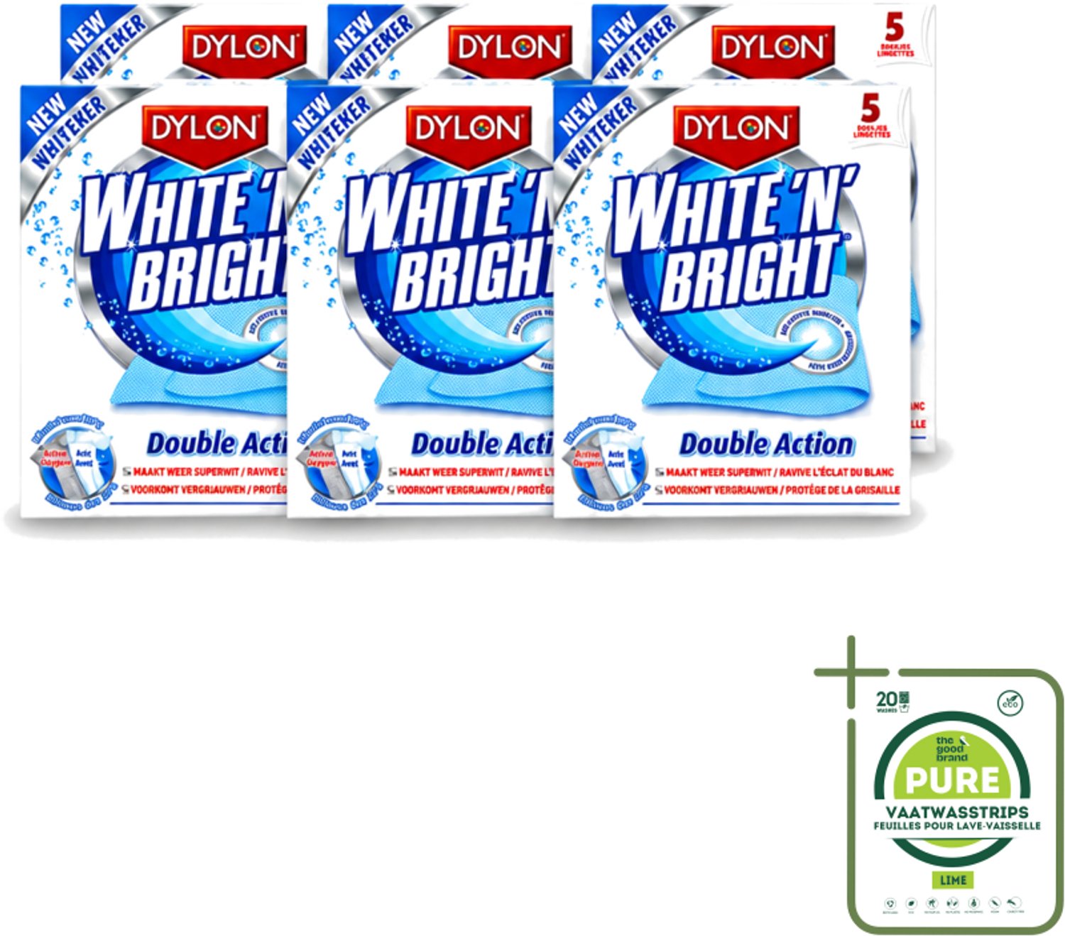 6 x Dylon - Vlekverwijderaar - White & Bright - Superwit & Vlekkeloos - 5 Doekjes - Grootverpakking - Vaatwasstrips - Wit Maken Kleding - Vlekverwijderaar - Wit Textiel - Koffievlek - Theevlek