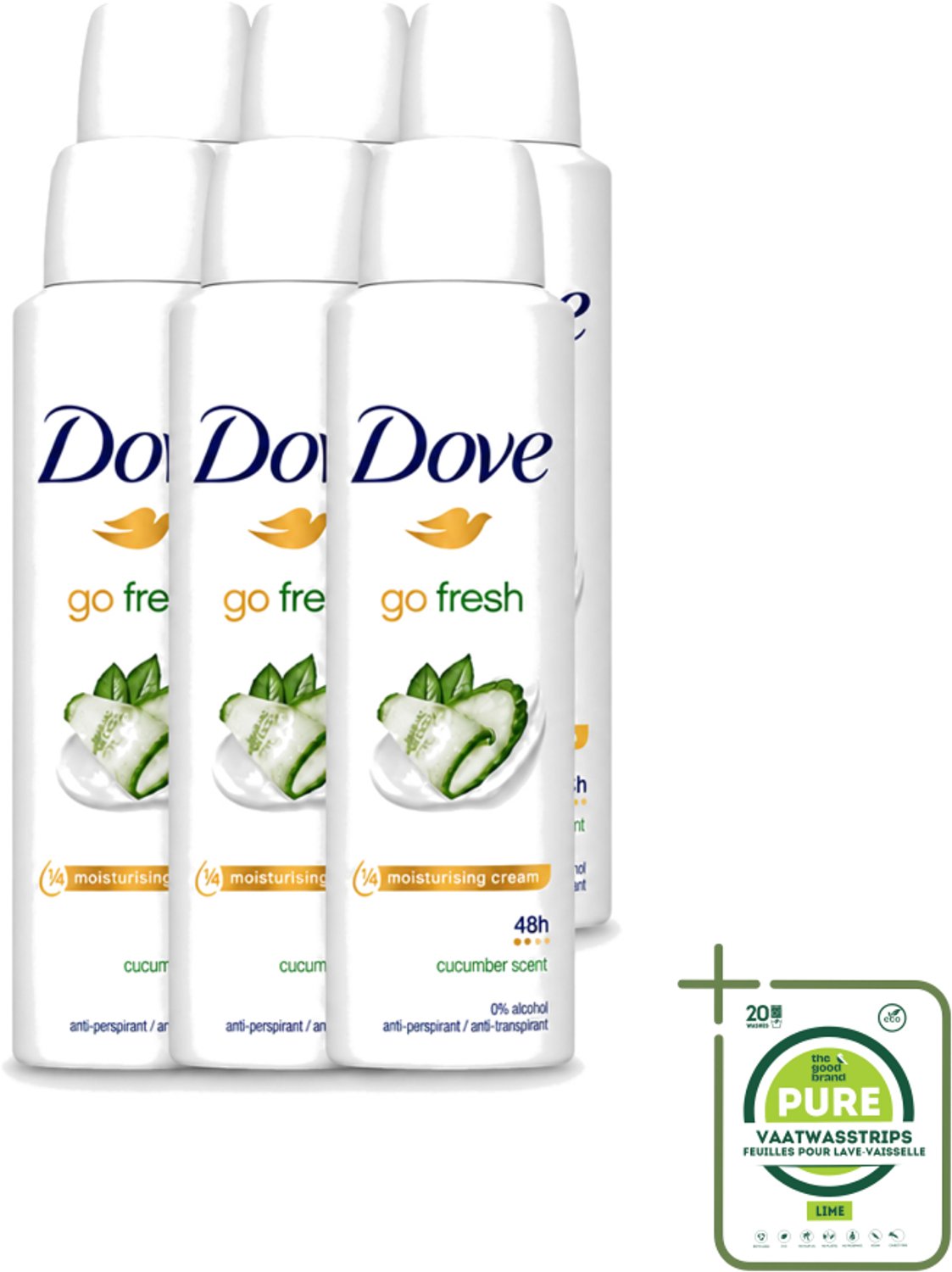 6 x Dove Go Fresh - Deospray - Komkommer - 150 ml - Grootverpakking - Vaatwasstrips - Dove Go Fresh Deospray - Komkommer - Geur - Deodorant - Transpiratie