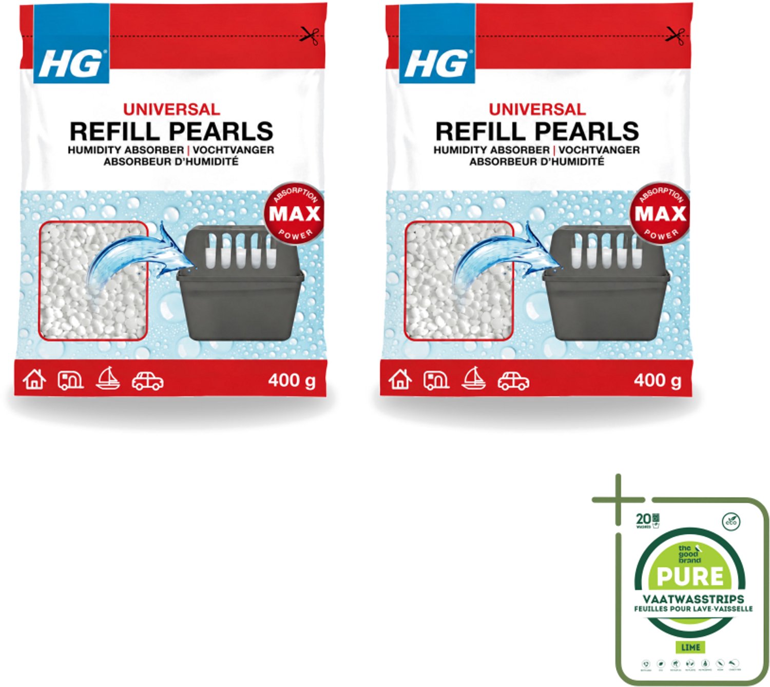 2 x HG - Refill Pearls voor Vochtvanger - Navulling - 400 g - Grootverpakking - Vaatwasstrips - Vochtvanger Navulling - Vochtabsorberende Parels - Calciumchloride Parels - Vochtvanger Vullen - Vochtvanger Herbruiken