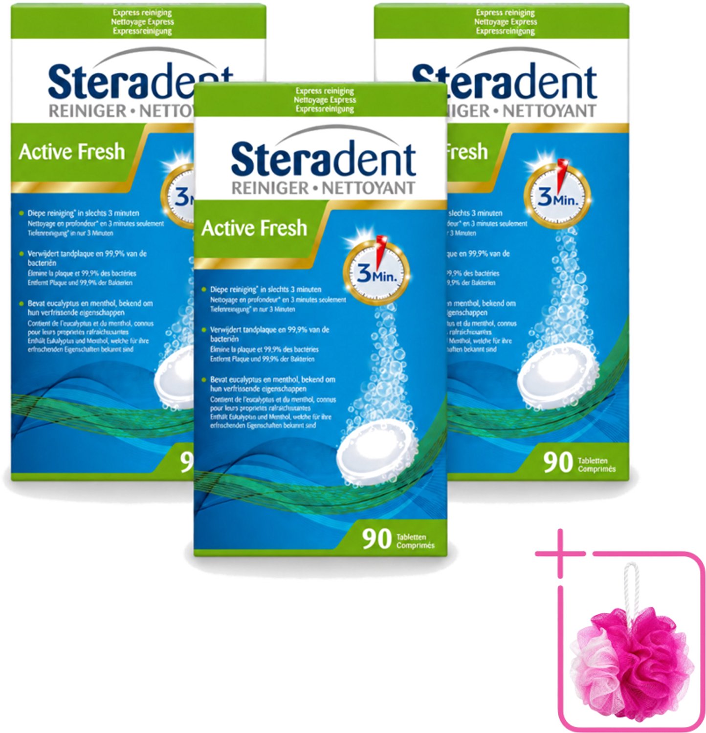 3 x Steradent - Kunstgebitreiniger - Active Fresh - Menthol En Eucalyptus - 90 Tabletten - Bulkverpakking - Kunstgebit reinigen - Douchemop - Kunstgebit reiniging