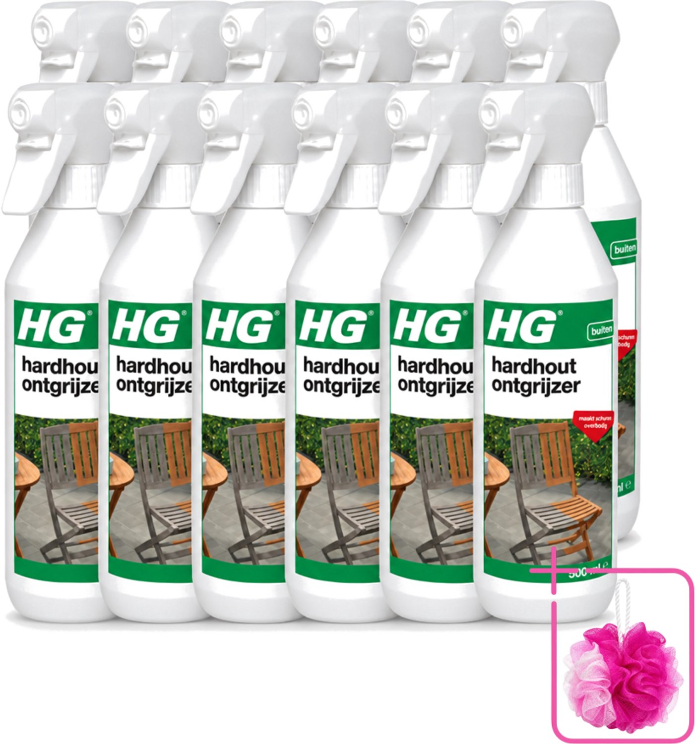 12 x HG - Buiten - Hardhout Ontgrijzer - Maakt Schuren Overbodig - 500 ml - Bulkverpakking - Hardhout ontgrijzen - Douchemop - Tuinmeubel reinigen