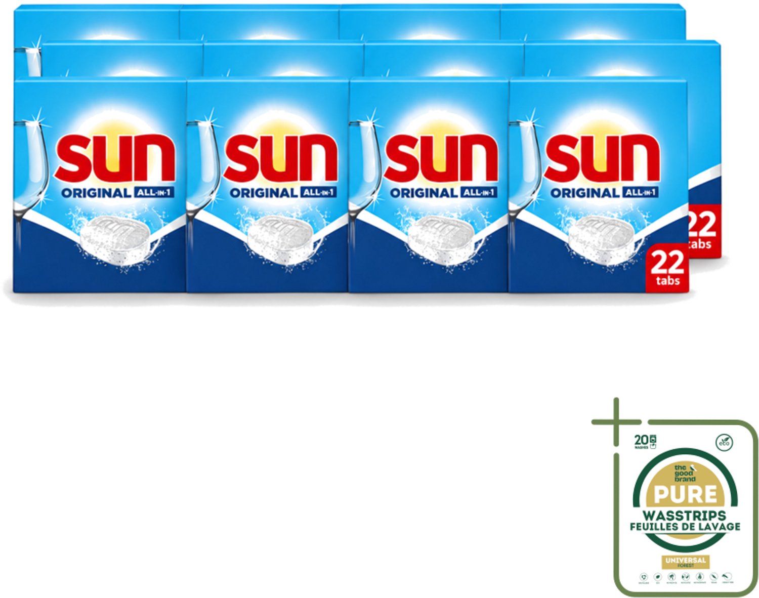 12 x Sun – Vaatwastabletten – All-in-1 Original – 22 tabletten - Wasstrips - Vaatwastabletten - Vaatwassen - Reiniging - Glans - Spoelglans