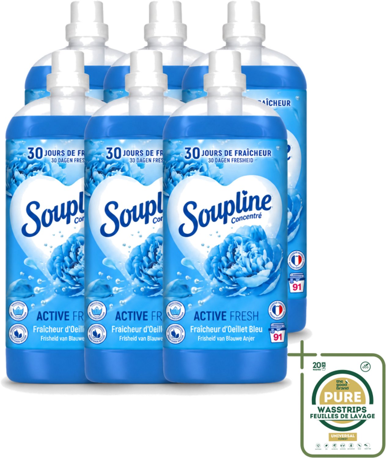 6 x Soupline – Wasverzachter – Active Fresh Frisheid van Blauwe Anjer – 2 L - Wasstrips - Wasverzachter - Frisheid - Blauwe Anjer - Wasgoed - Kleding