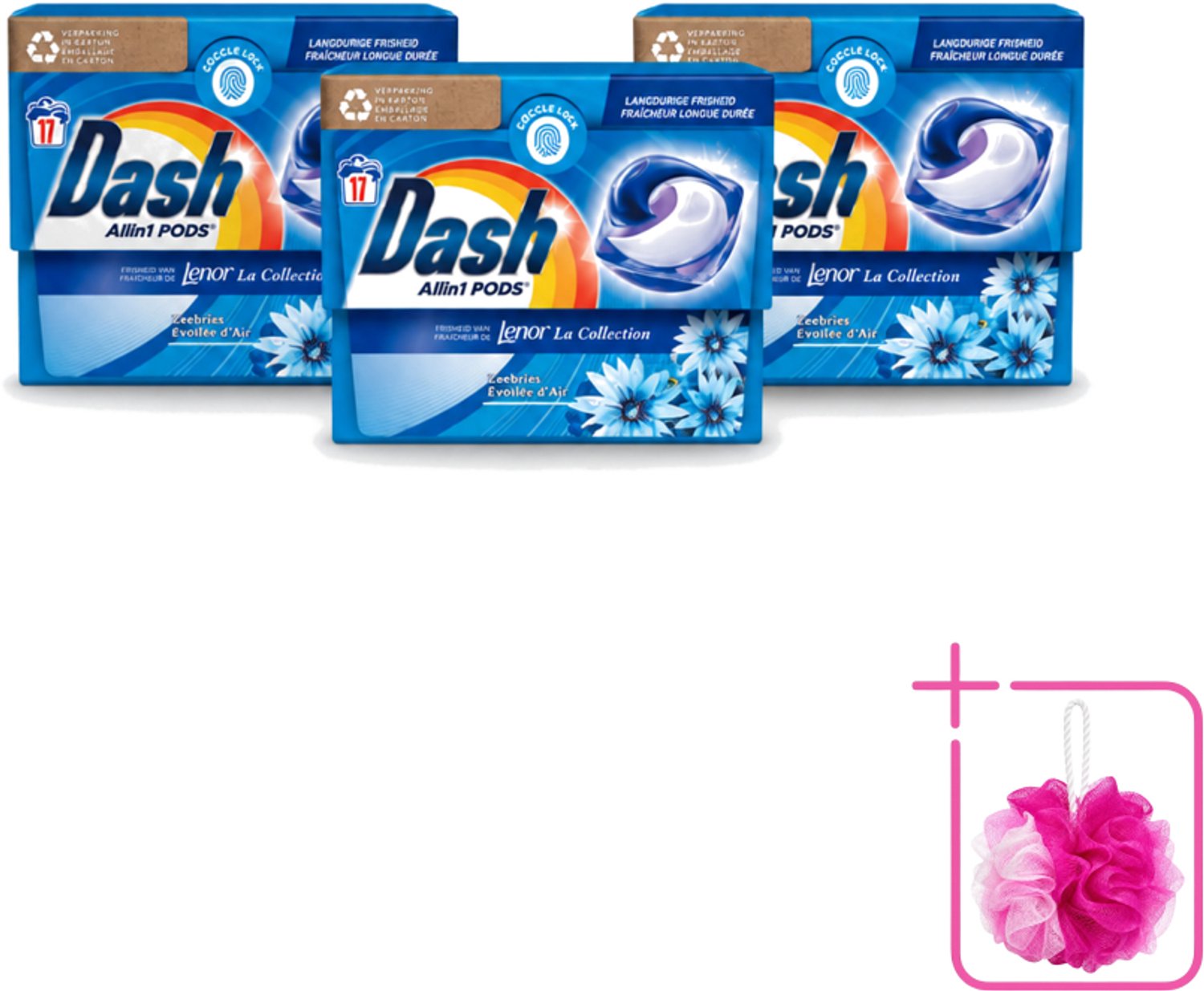 3 x Dash - Lenor Collectie - Wasmiddel Capsules - All-in-1 Pods - Witte en Gekleurde Was - Zeebries - 17 Wasbeurten - Bulkverpakking - Wasmiddel capsules - Douchemop - Zeebries geur