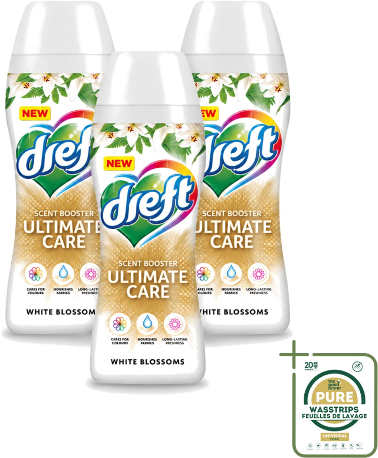 3 x Dreft - Ultimate Care - Wasverzachter - Geurbooster - Gekleurde Was - Witte Bloem - 15 Wasbeurten - Wasstrips - Wasmiddel - Geurbooster - Kleurbescherming - Wasverzachter - Vezelverzorging
