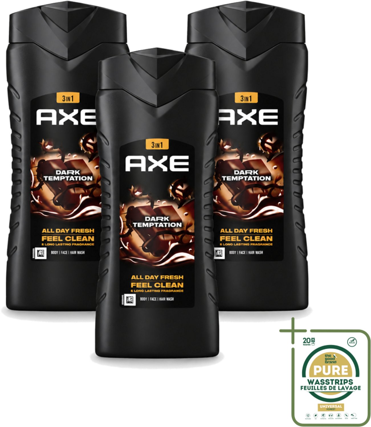 3 x Axe XL - 3-in-1 Douchegel - Dark Temptation - Dark Chocolate - 12hrs Long Lasting Scent - 400 ml - Wasstrips - Douchegel - Geur - Donkere Chocolade - Kruiden - 3-in-1