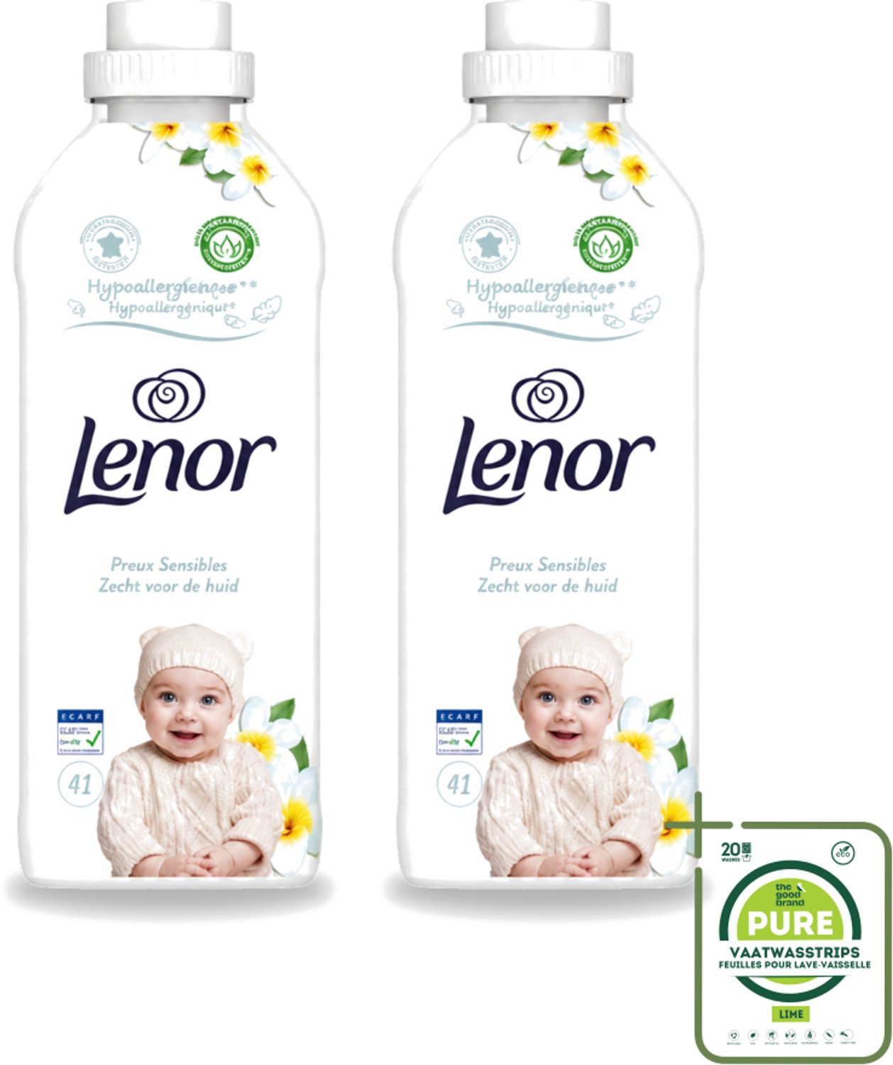 2 x Lenor - Wasverzachter - Gevoelig - Milde Geur - 41 Wasbeurten - Grootverpakking - Vaatwasstrips - Wasverzachter - Gevoelige Huid - Hypoallergenisch - Frisheid - Zachtheid