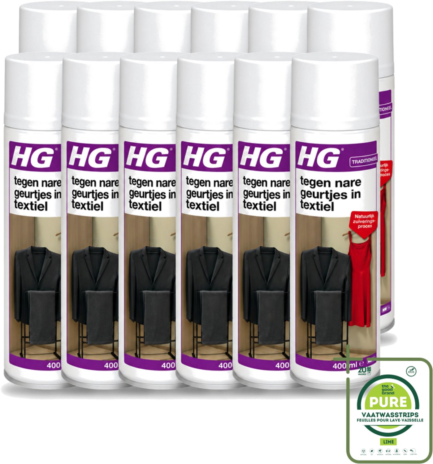 12 x HG - Tegen Nare Geurtjes In Textiel - Natuurlijk Zuiveringsproces - Veilig Voor Alle Textiel - 400 ml - Grootverpakking - Vaatwasstrips - Geurverwijdering Textiel - Stankmoleculen Oplossen - Textiel Reinigen - Geur In Kleding - Geur In Gordijnen