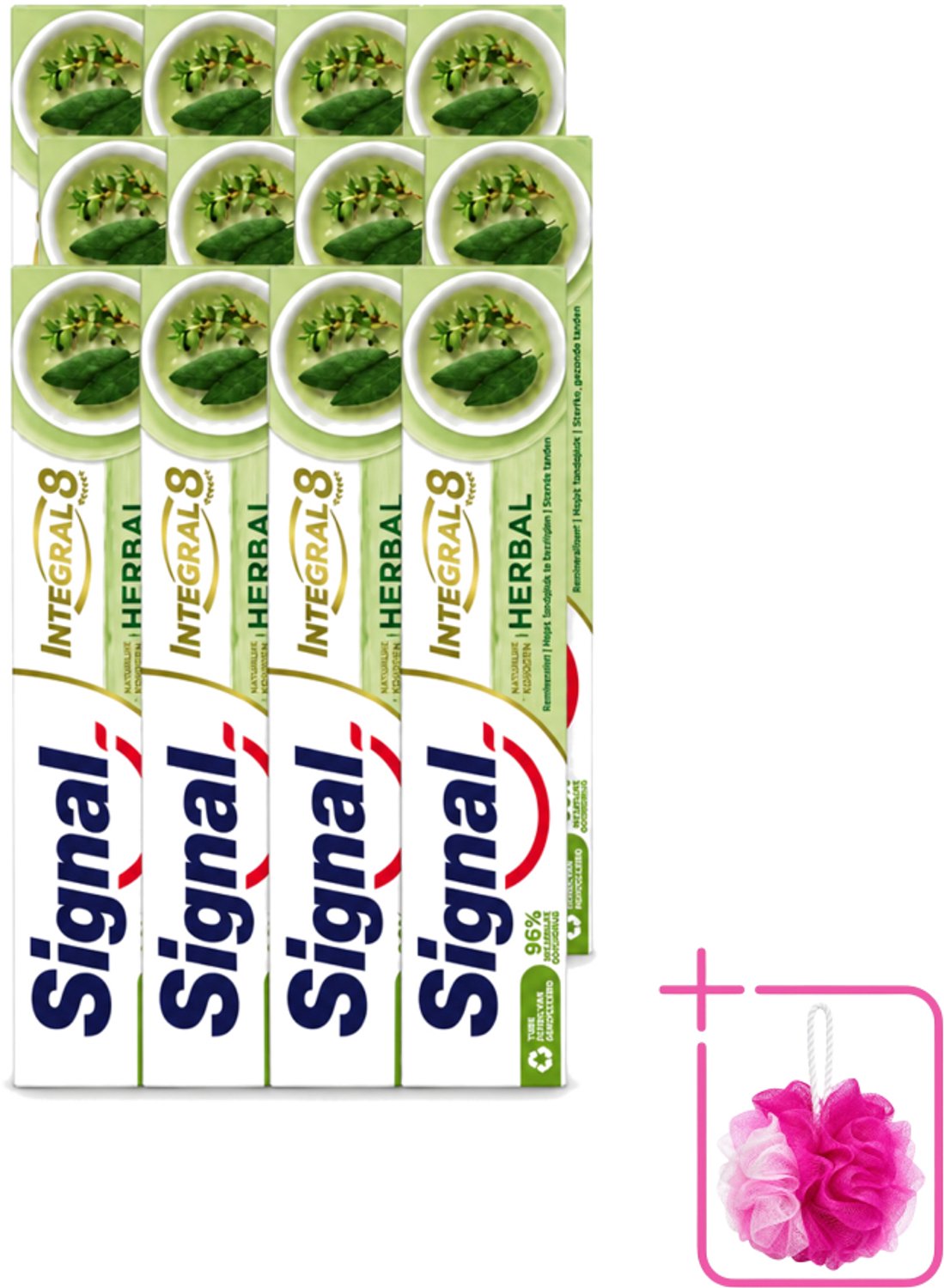 12 x Signal - Integral & Actions - Tandpasta - Natuurlijke Kruiden - Gerecyclede Verpakking - 75 ml - Bulkverpakking - Tandpasta - Douchemop - Natuurlijke kruiden