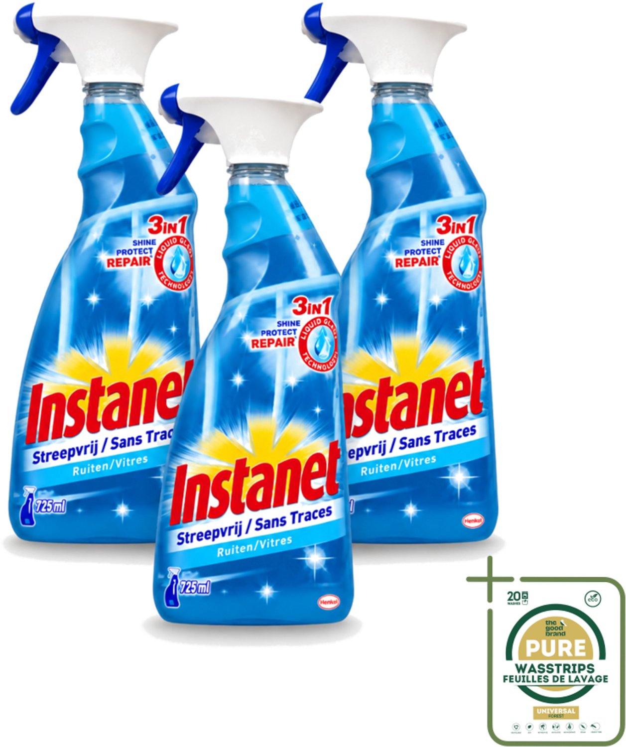 3 x Instanet - Ruitenreiniger - Streepvrij - 3in1 Spray - 725 ml - Wasstrips - Ruitenreiniger - Streepvrije Ruiten - Ruiten Reinigen - Ruiten Reinigingsalcohol - 3-in-1 Ruitenreiniger