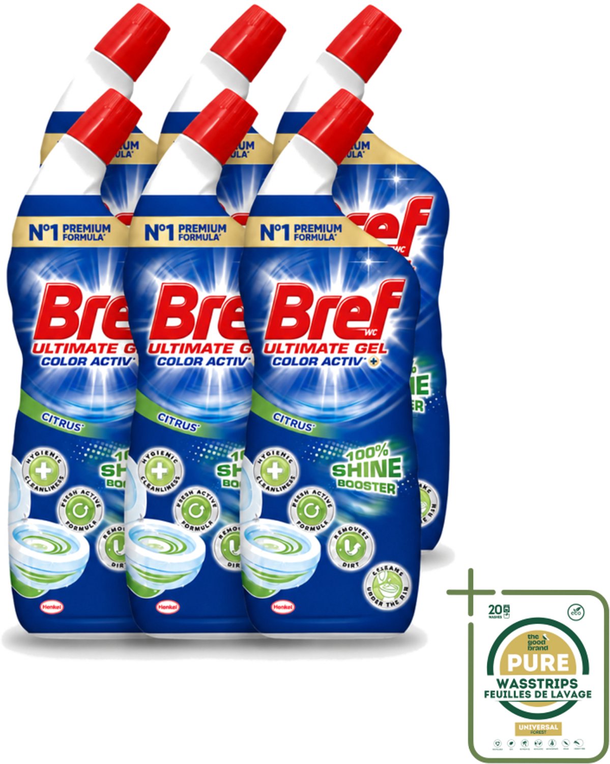 6 x Bref WC - Ultimate Gel Color Activ+ - Toiletreiniger - Citrus - 700 ml - Wasstrips - Hygiëne Toilet - Toilet Reinigen - Toilet Reinigingsgel - Toilet Reinigingsproduct - Toilet Kalk Bestrijden