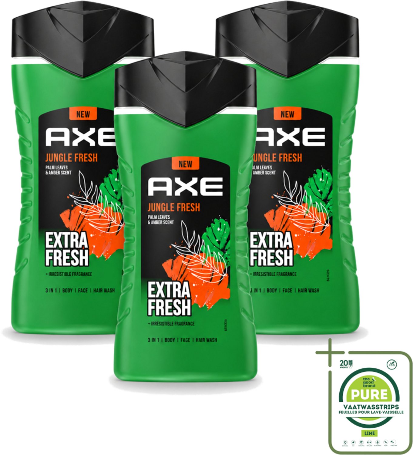 3 x Axe - 3-in-1 Douchegel - Jungle Fresh - Palm Leaves & Amber - Extra Fresh - 250 ml - Grootverpakking - Vaatwasstrips - Douchegel - Lichaam - Gezicht - Haar - Frisheid