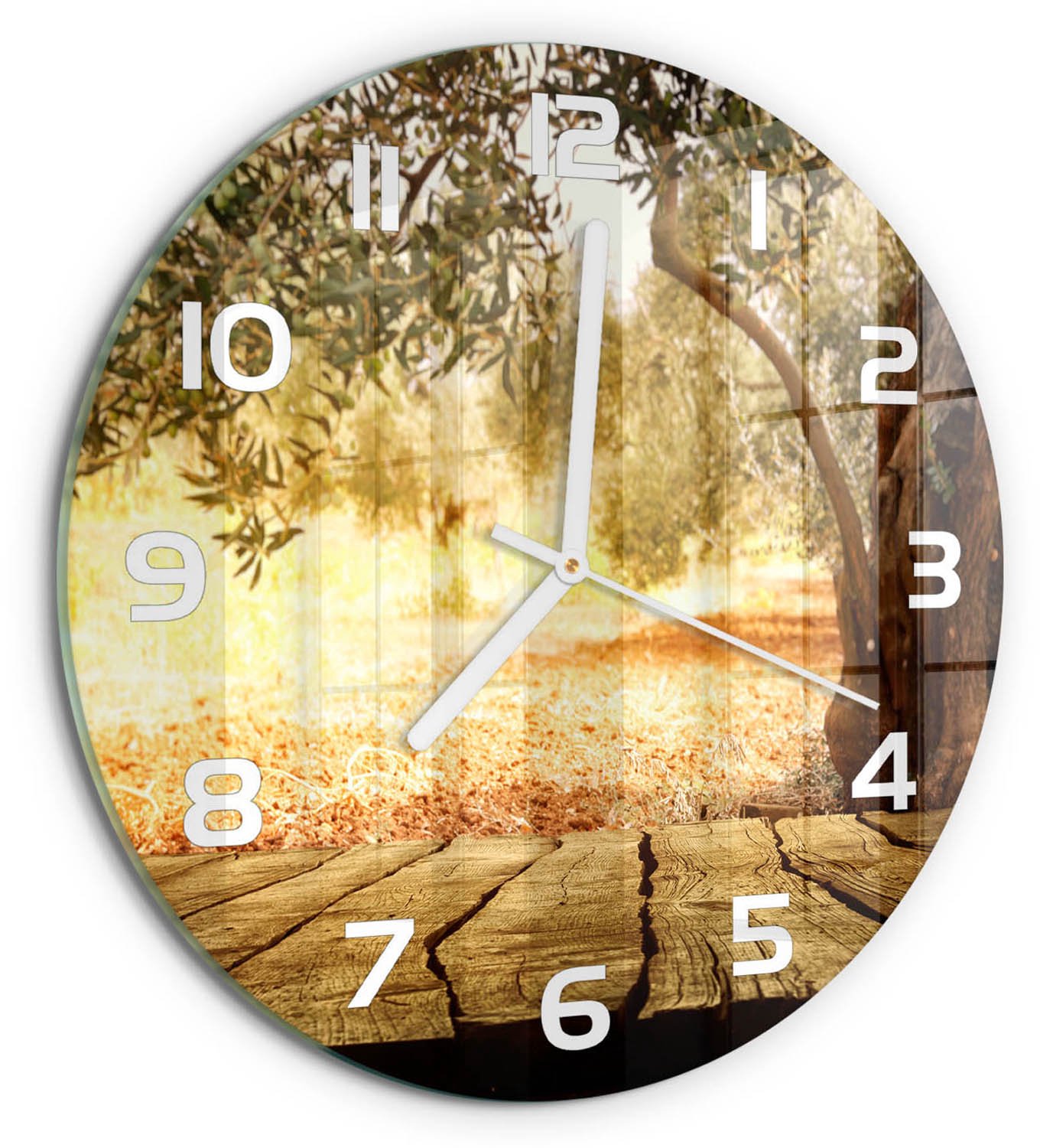 TULUP Wandklok - Olijfboom Decoratieve Glazen Klok - fi30 cm - Bruin Glazen Wandklok Design - Witte handen - Ronde Klok - Glazen Klok Met Print - Wandklok Glas Met Motief
