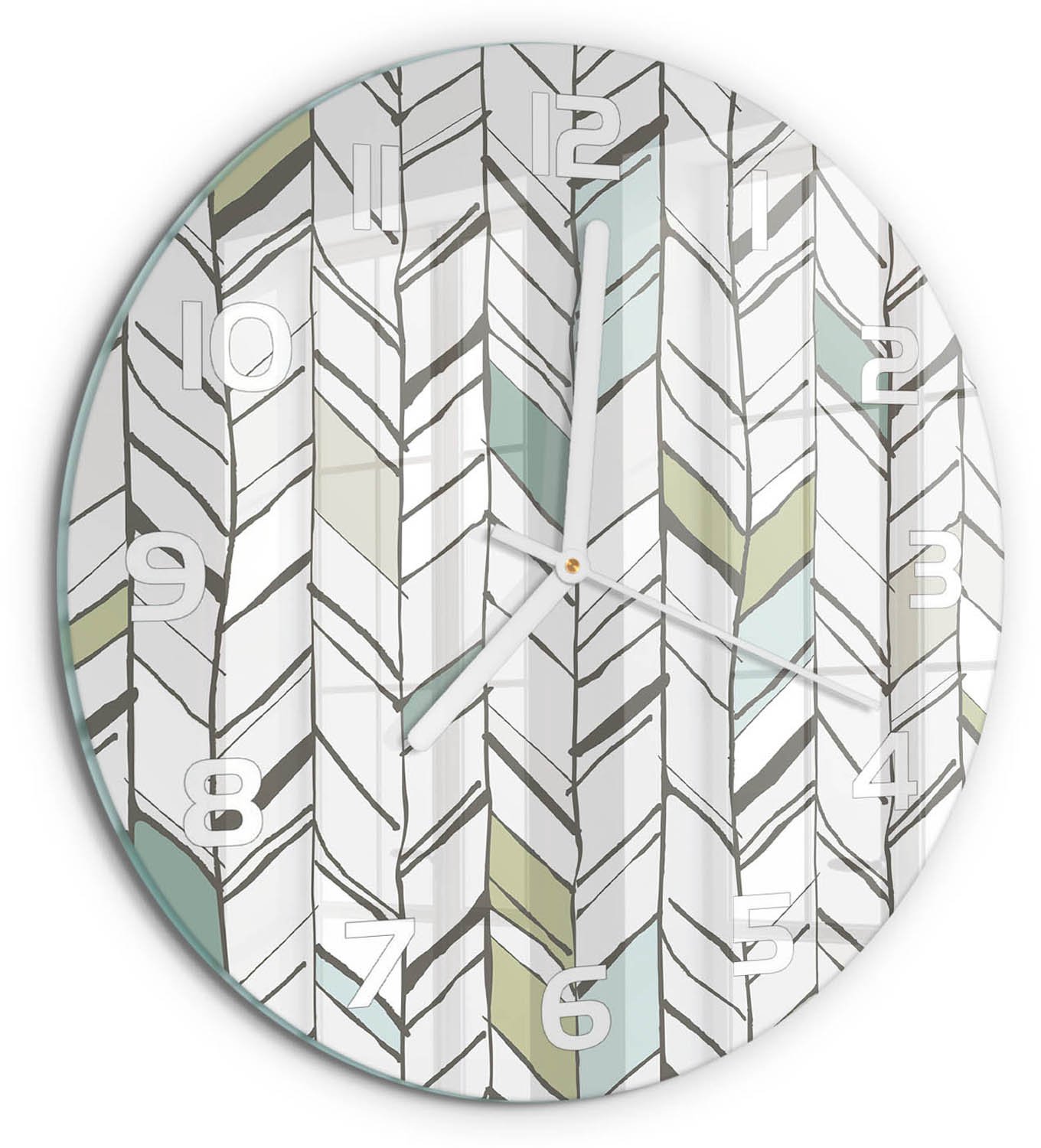 TULUP Wandklok - Visgraatpatroon Klok Glas Met Opdruk - fi30 cm - Groente Moderne Wandklok Glas - Witte handen - Ronde Klok - Decoratieve Glazen Klok - Glazen Wandklok Design