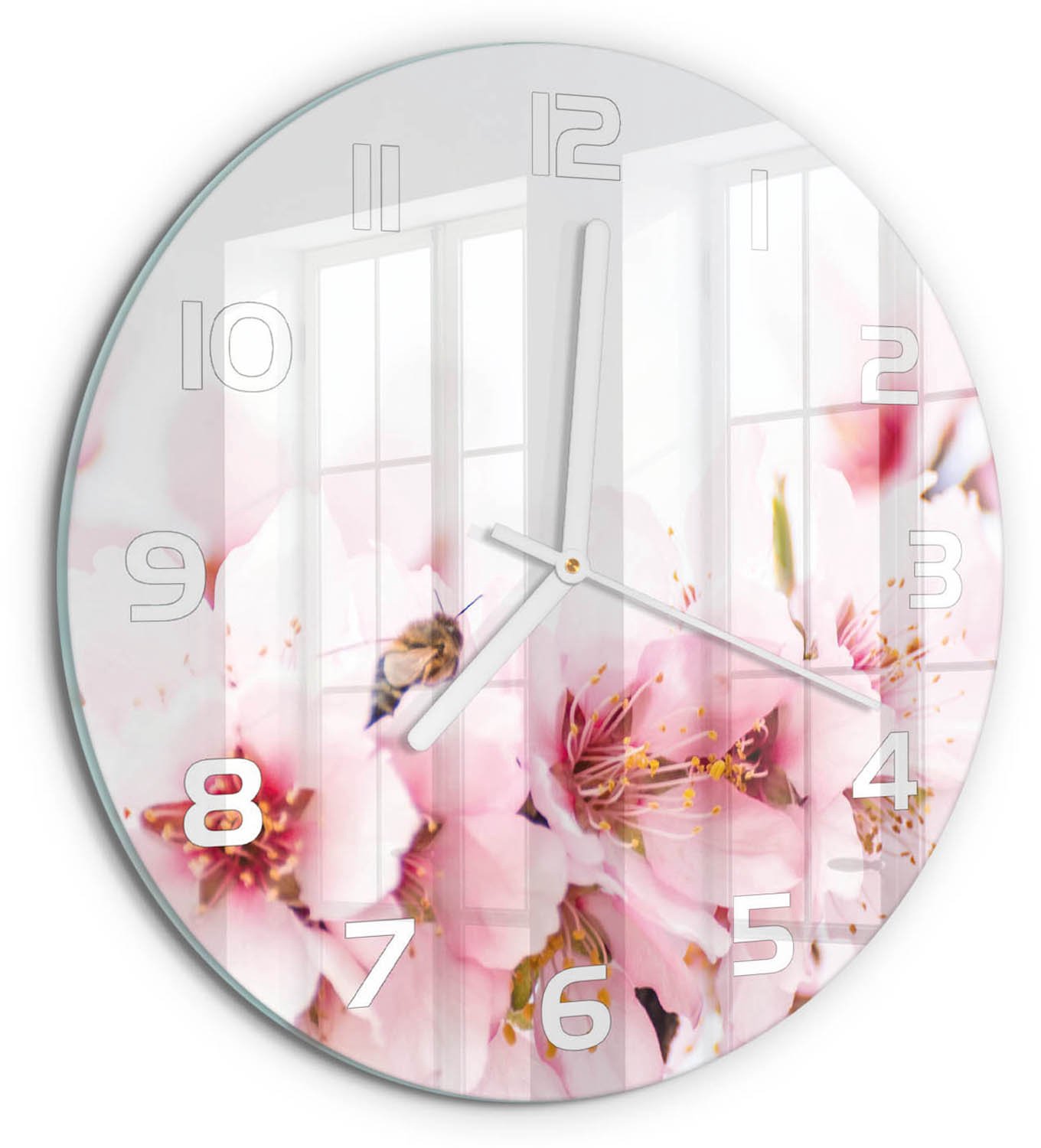 TULUP Wandklok - Kersenbloesem Glazen Wandklok Design - fi30 cm - Roze Klok Glas Met Opdruk - Witte handen - Ronde Klok - Wandklok Glas Met Motief - Decoratieve Glazen Klok