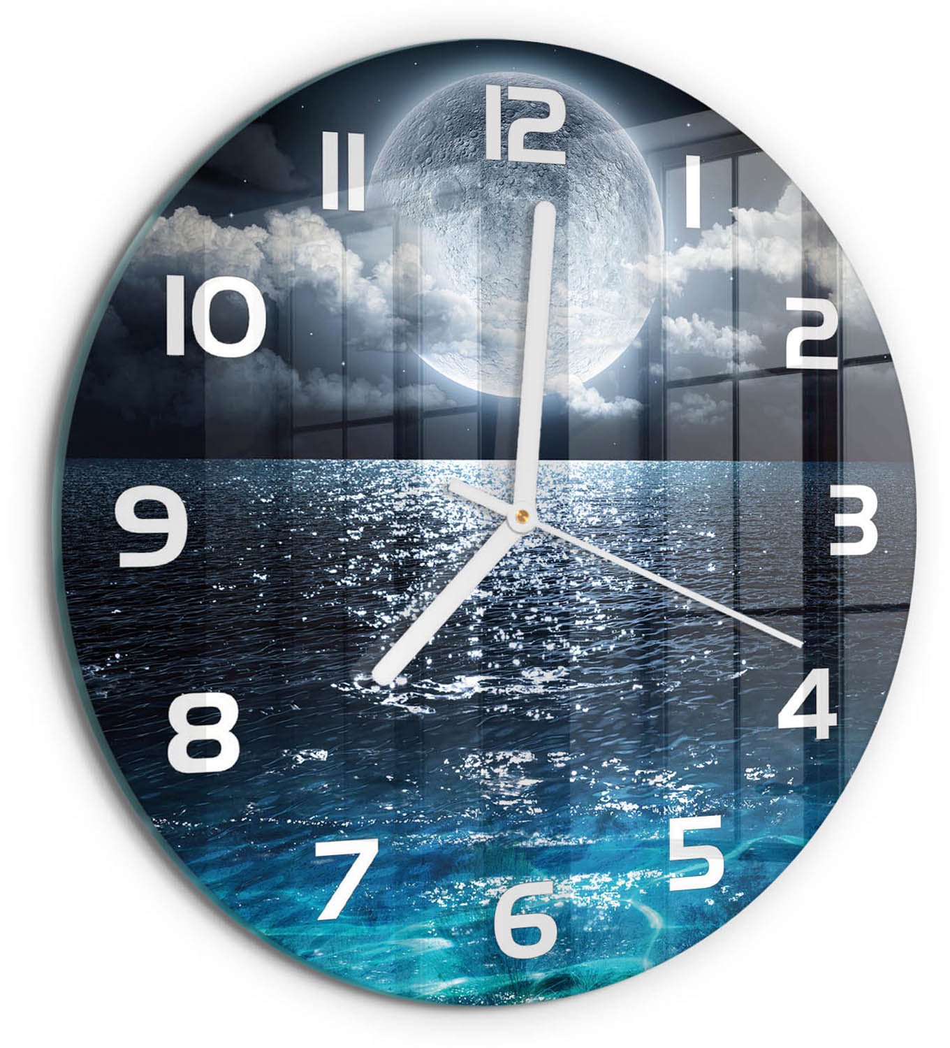 TULUP Wandklok - Volle maan Moderne Wandklok Glas - fi30 cm - Blauw Wandklok Glas Decoratie - Witte handen - Ronde Klok - Glazen Wandklok Design - Klok Glas Met Opdruk