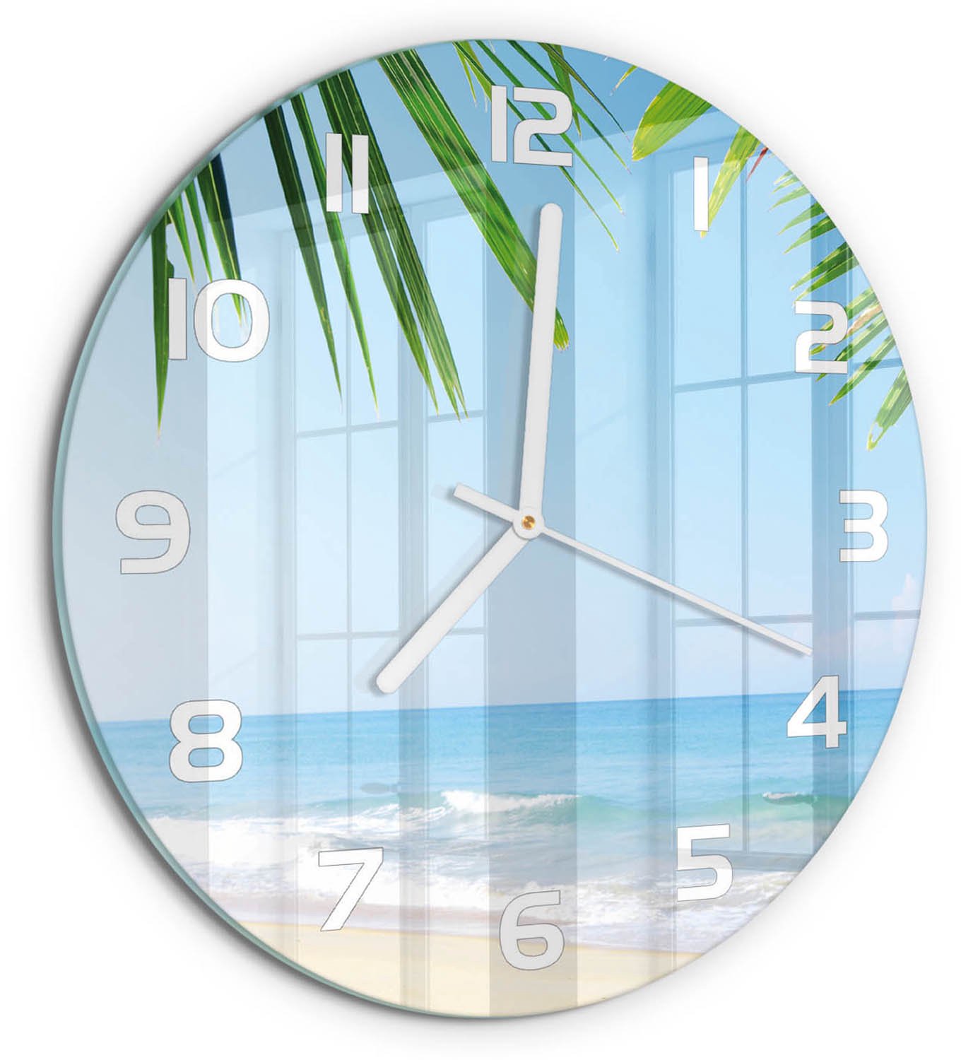 TULUP Wandklok - Tropisch strand Moderne Wandklok Glas - fi30 cm - Groente Wandklok Glas Decoratie - Witte handen - Ronde Klok - Glazen Wandklok Design - Klok Glas Met Opdruk