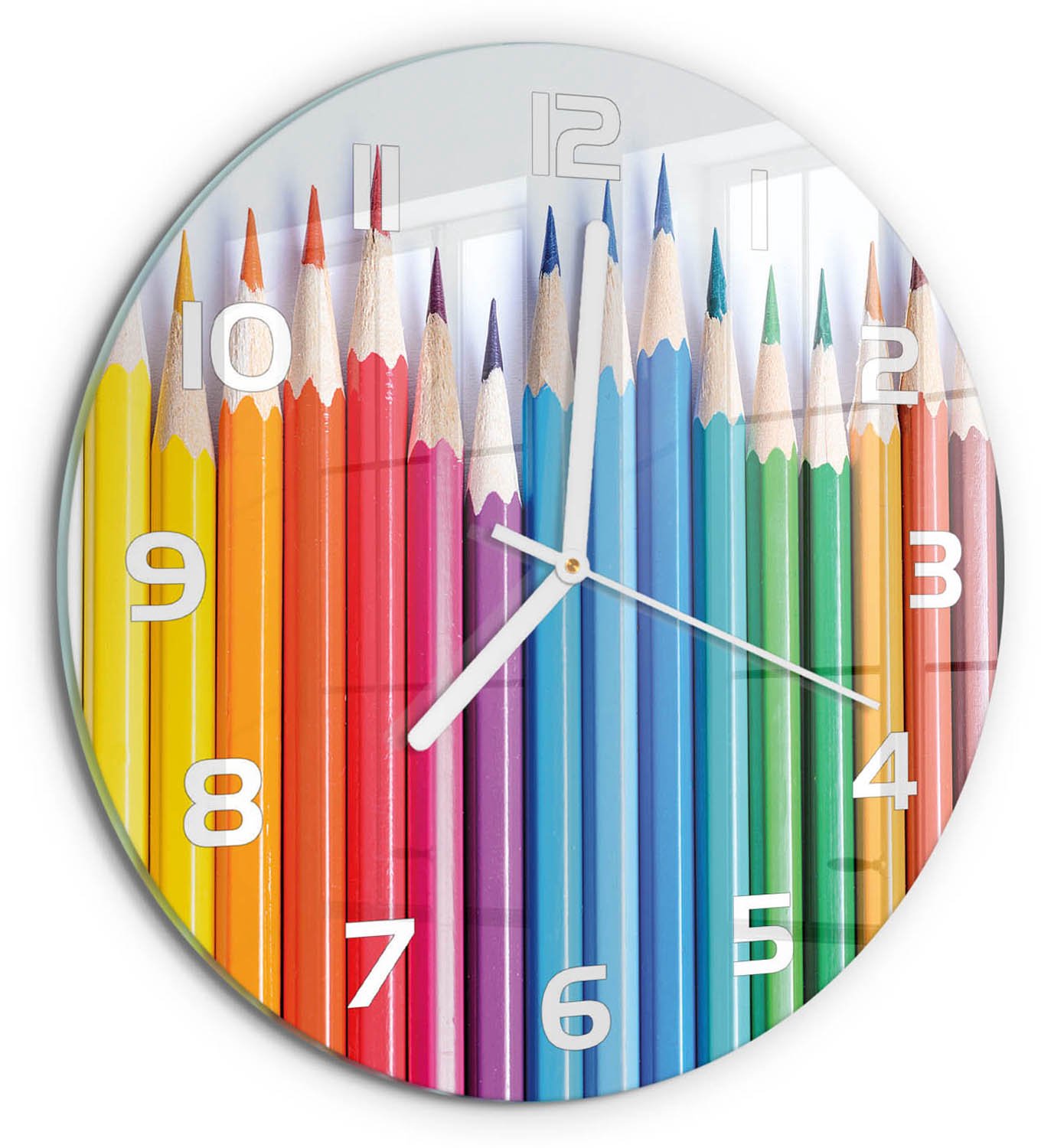 TULUP Wandklok - Kleurpotloden Klok Glas Met Opdruk - fi30 cm - Veelkleurig Moderne Wandklok Glas - Witte handen - Ronde Klok - Decoratieve Glazen Klok - Glazen Wandklok Design