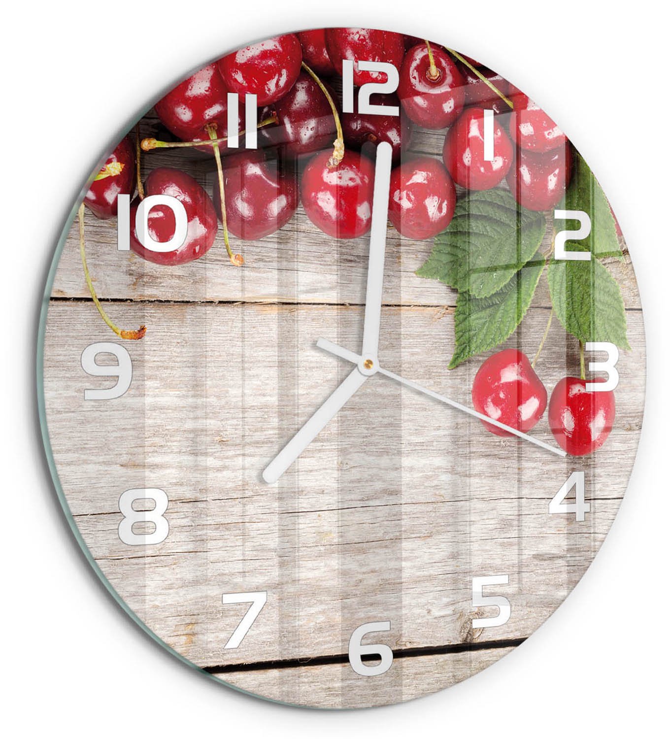 TULUP Wandklok - Kersen op hout Moderne Wandklok Glas - fi30 cm - Rood Wandklok Glas Decoratie - Witte handen - Ronde Klok - Glazen Wandklok Design - Klok Glas Met Opdruk