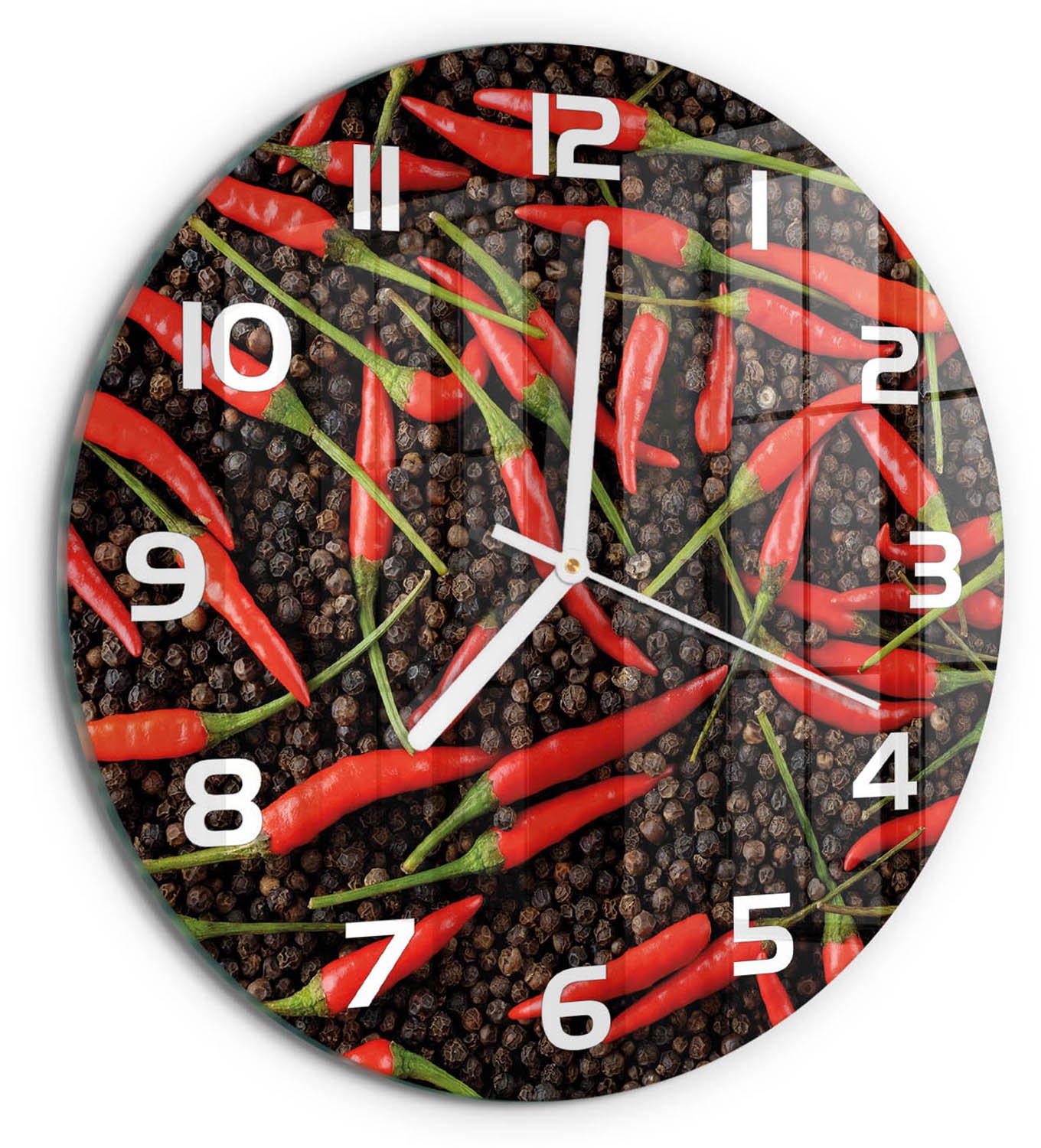 TULUP Wandklok - Chilipepers Glazen Wandklok Design - fi30 cm - Rood Klok Glas Met Opdruk - Witte handen - Ronde Klok - Wandklok Glas Met Motief - Decoratieve Glazen Klok