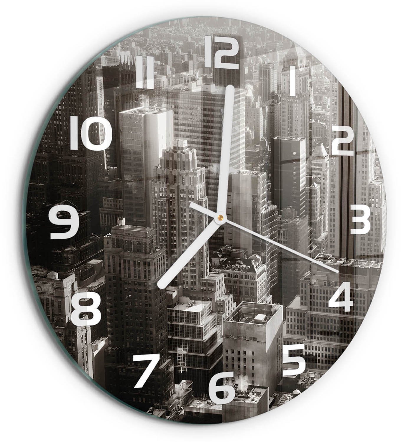 TULUP Wandklok - New York Gekleurde Glazen Klok - fi30 cm - Zwart-wit Glazen Klok Met Print - Witte handen - Ronde Klok - Moderne Wandklok Glas - Wandklok Glas Decoratie