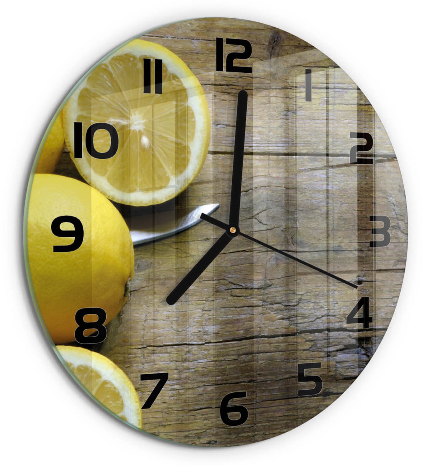 TULUP Wandklok - Citroenen op hout Wandklok Glas Met Motief - fi30 cm - Geel Decoratieve Glazen Klok - Zwarte handen - Ronde Klok - Gekleurde Glazen Klok - Glazen Klok Met Print
