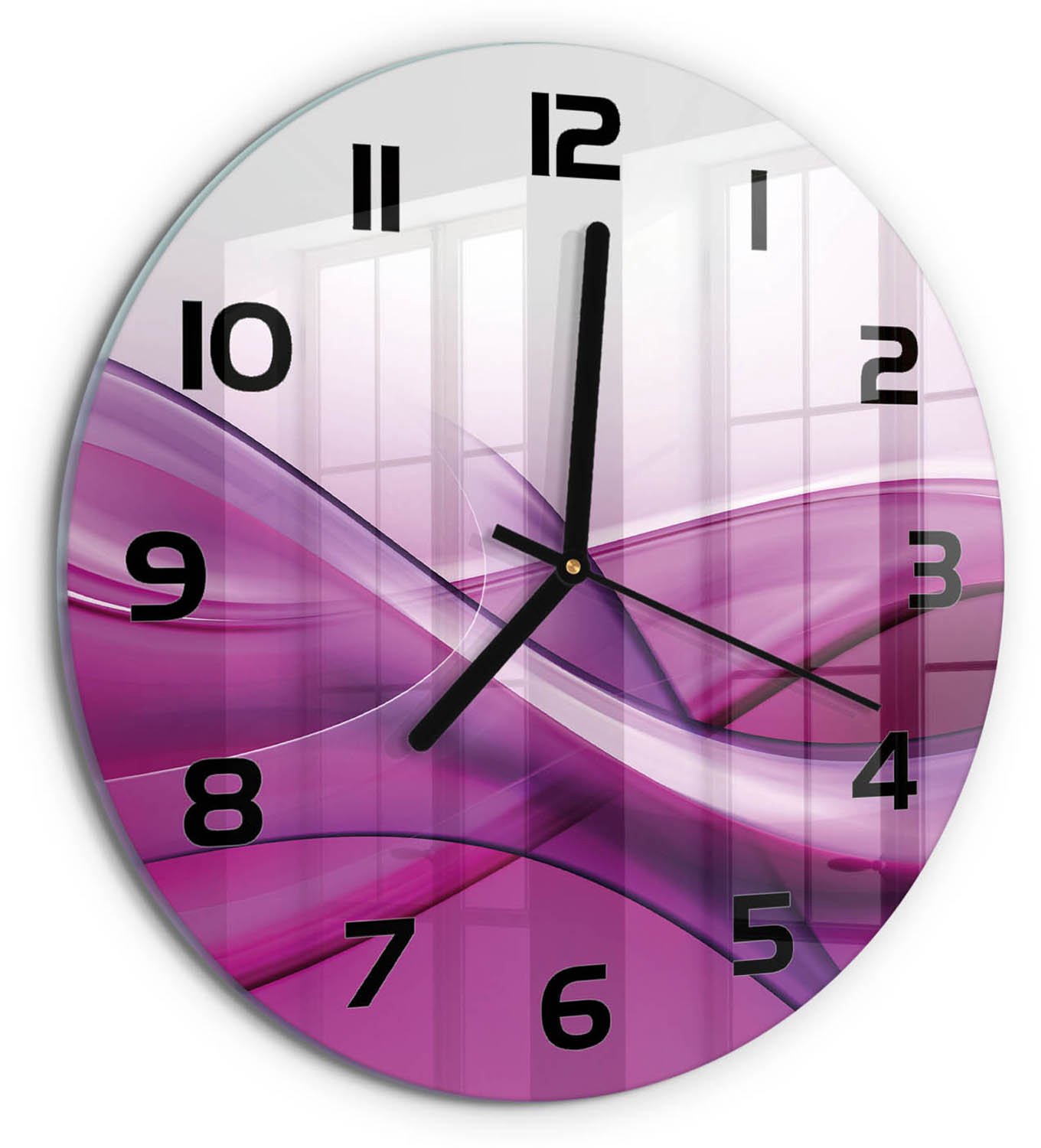 TULUP Wandklok - Golfachtergrond Moderne Wandklok Glas - fi30 cm - Roze Wandklok Glas Decoratie - Zwarte handen - Ronde Klok - Glazen Wandklok Design - Klok Glas Met Opdruk