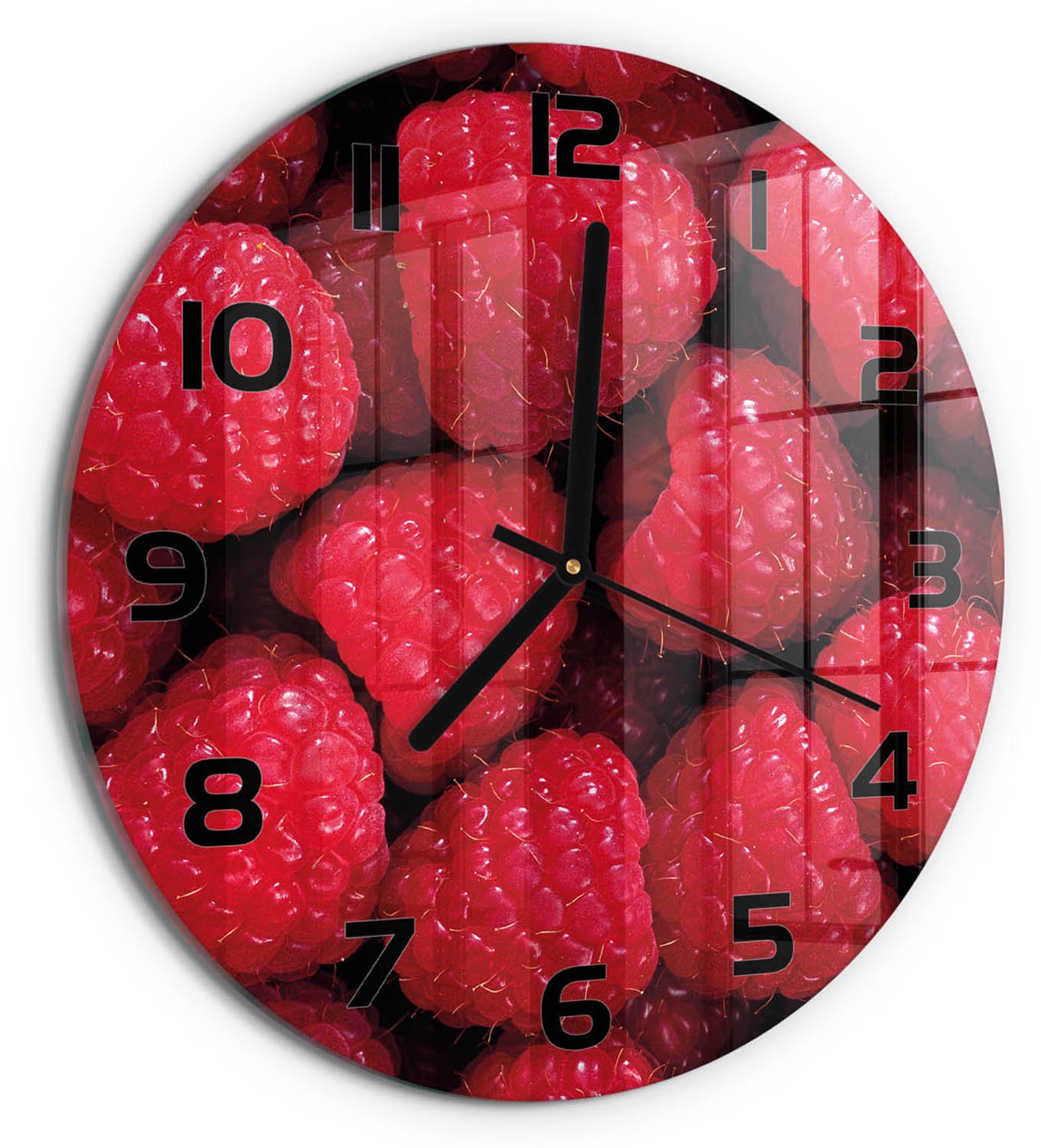 TULUP Wandklok - Frambozen Wandklok Glas Met Motief - fi30 cm - Rood Decoratieve Glazen Klok - Zwarte handen - Ronde Klok - Gekleurde Glazen Klok - Glazen Klok Met Print