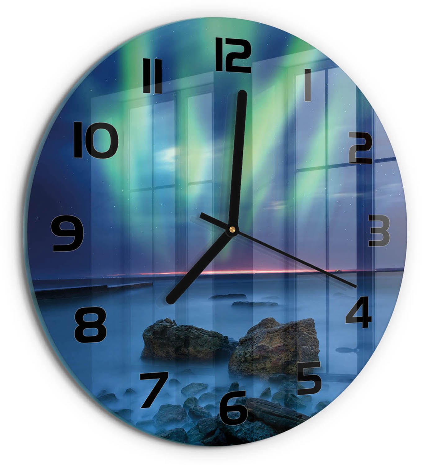 TULUP Wandklok - Noorderlicht Glazen Klok Met Print - fi30 cm - Groente Wandklok Glas Met Motief - Zwarte handen - Ronde Klok - Wandklok Glas Decoratie - Gekleurde Glazen Klok