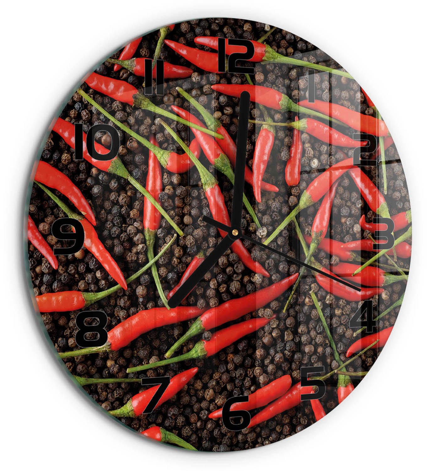 TULUP Wandklok - Chilipepers Wandklok Glas Decoratie - fi30 cm - Rood Gekleurde Glazen Klok - Zwarte handen - Ronde Klok - Klok Glas Met Opdruk - Moderne Wandklok Glas