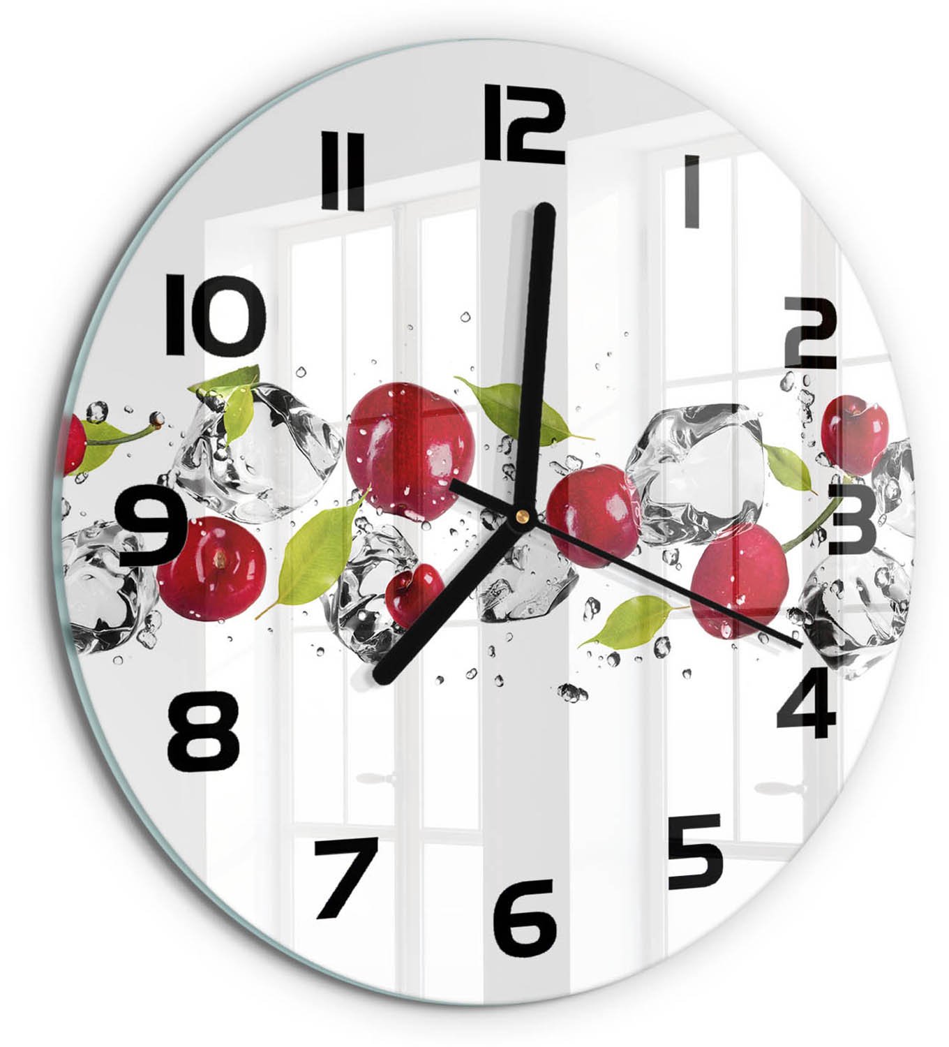 TULUP Wandklok - Kersen en water Klok Glas Met Opdruk - fi30 cm - Rood Moderne Wandklok Glas - Zwarte handen - Ronde Klok - Decoratieve Glazen Klok - Glazen Wandklok Design
