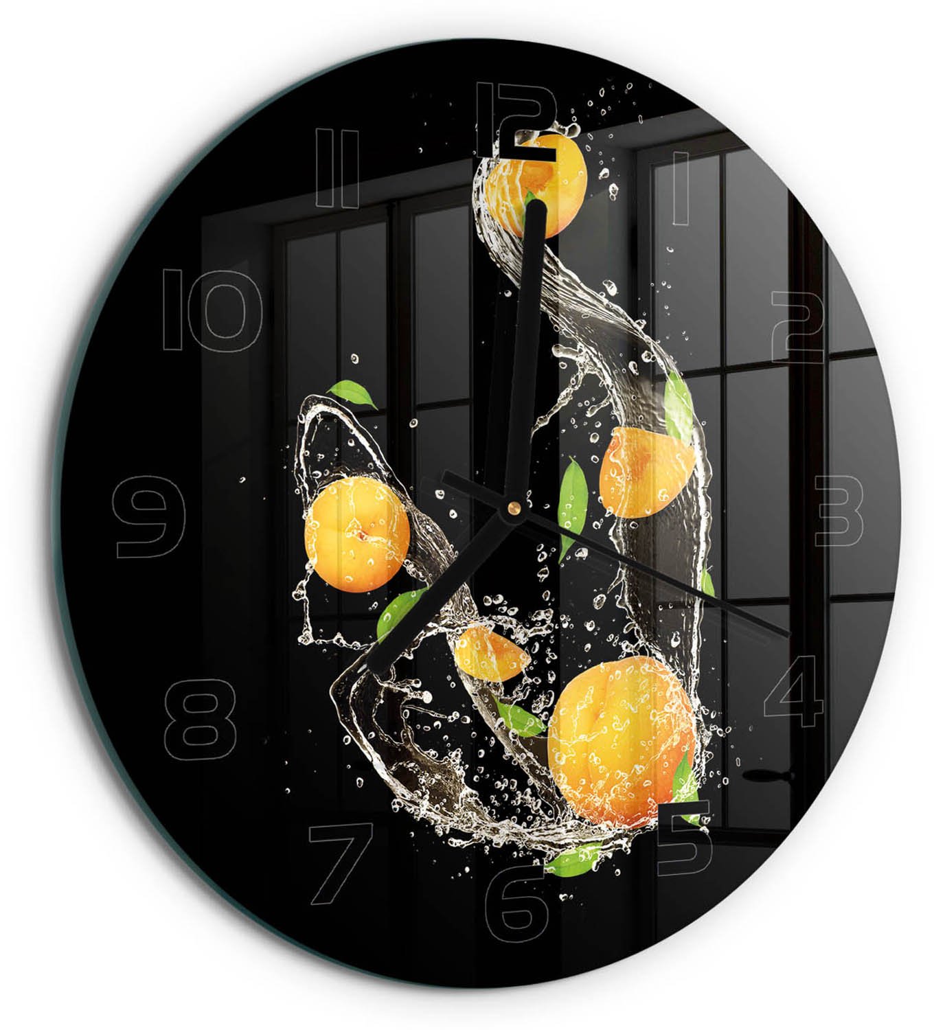 TULUP Wandklok - Abrikozen en water Glazen Klok Met Print - fi30 cm - Oranje Wandklok Glas Met Motief - Zwarte handen - Ronde Klok - Wandklok Glas Decoratie - Gekleurde Glazen Klok