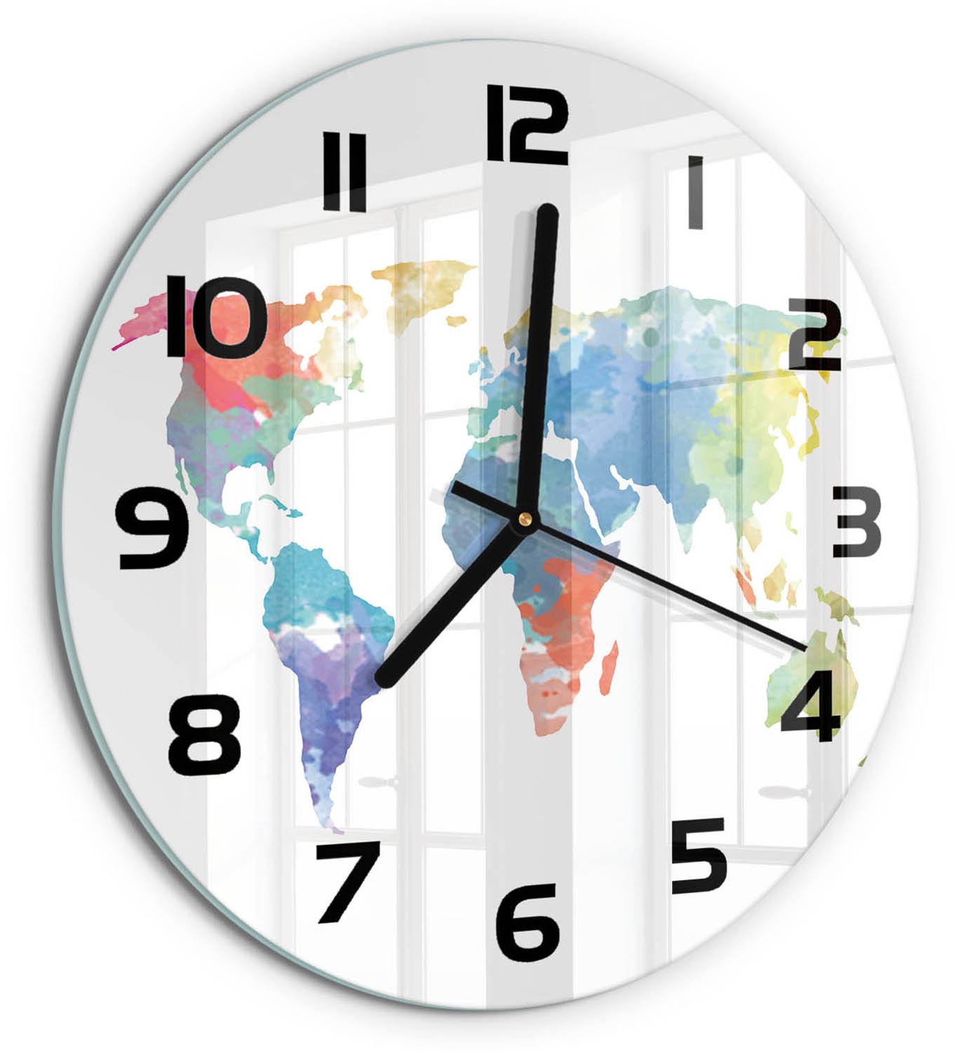 TULUP Wandklok - Wereldkaart Moderne Wandklok Glas - fi30 cm - Veelkleurig Wandklok Glas Decoratie - Zwarte handen - Ronde Klok - Glazen Wandklok Design - Klok Glas Met Opdruk