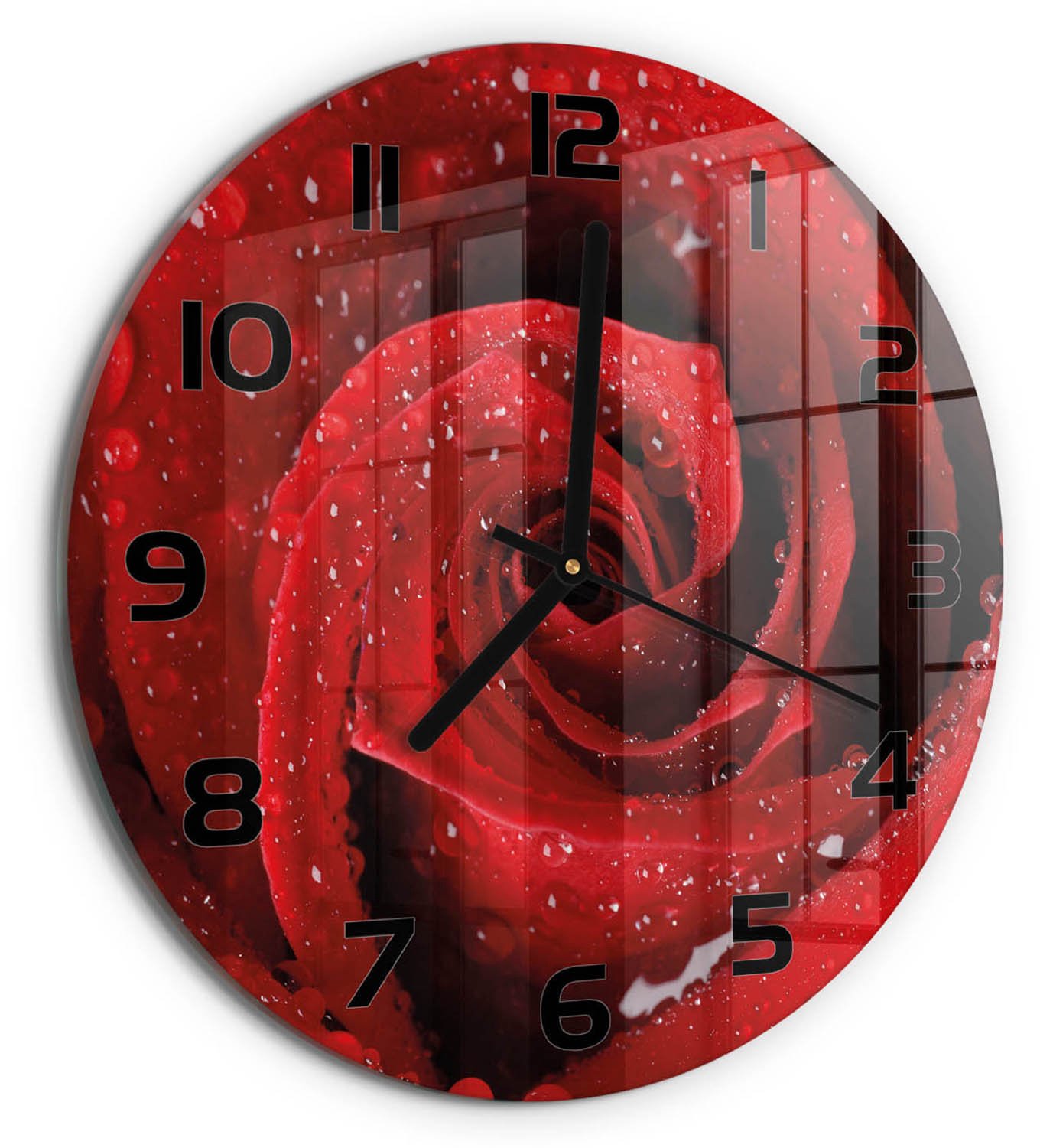 TULUP Wandklok - Druppels op de roos Wandklok Glas Decoratie - fi30 cm - Rood Gekleurde Glazen Klok - Zwarte handen - Ronde Klok - Klok Glas Met Opdruk - Moderne Wandklok Glas