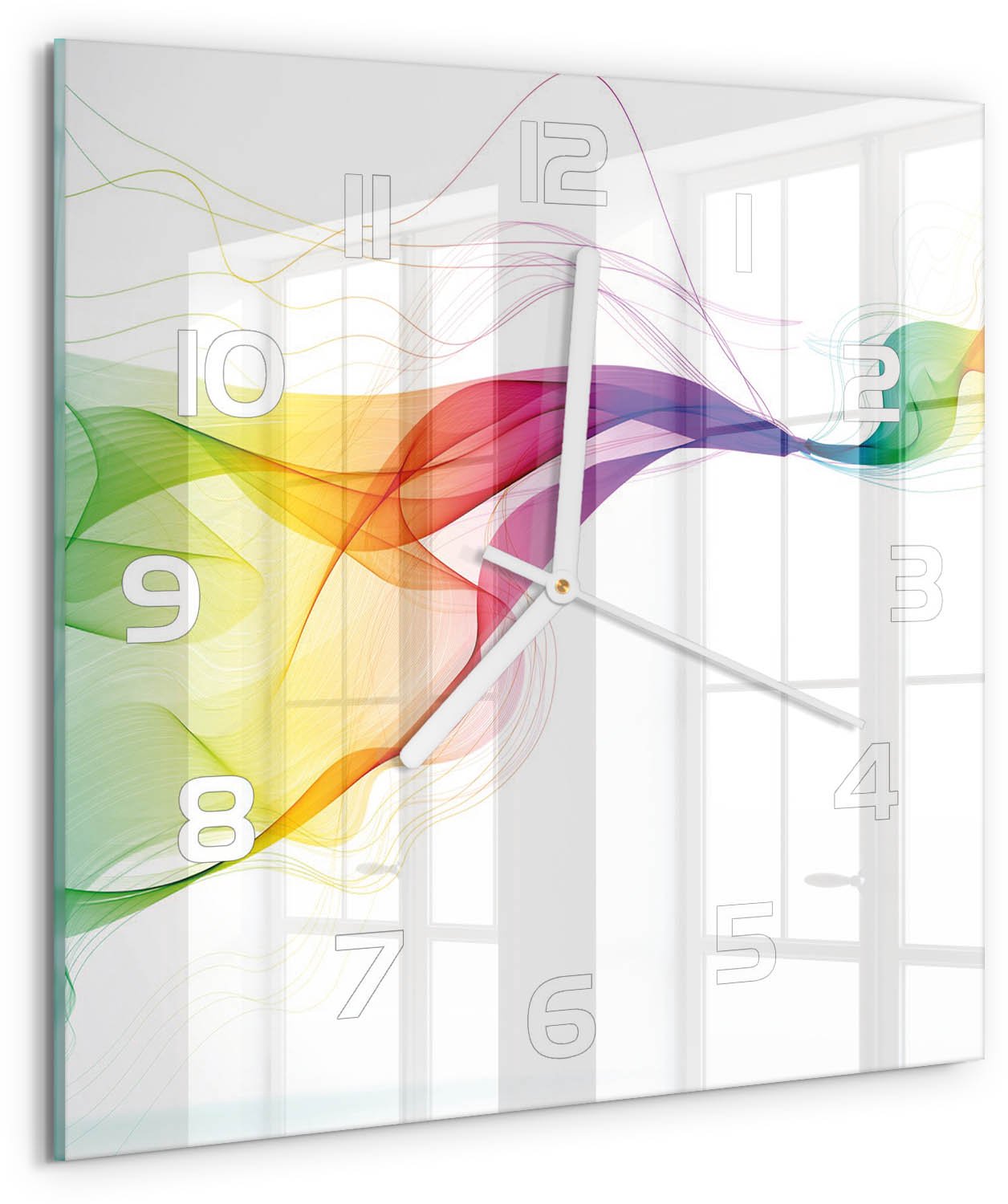 Tulup Wandklok - Kleurrijke abstractie Wandklok Glas Met Motief - 30x30 cm - Veelkleurig Decoratieve Glazen Klok - Witte handen - Vierkante Klok - Gekleurde Glazen Klok - Glazen Klok Met Print