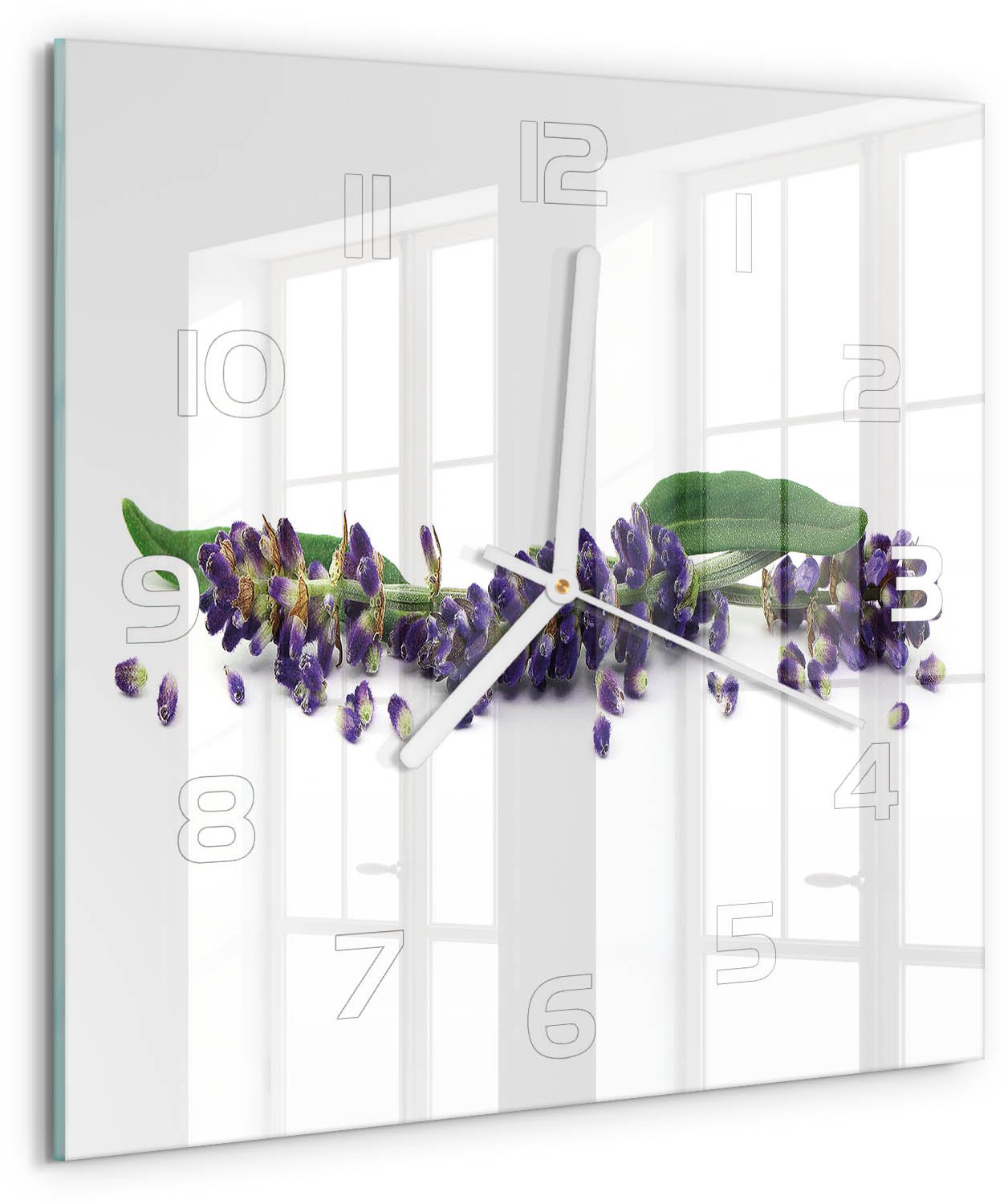 Tulup Wandklok - Lavendel Wandklok Glas Met Motief - 30x30 cm - Paars Decoratieve Glazen Klok - Witte handen - Vierkante Klok - Gekleurde Glazen Klok - Glazen Klok Met Print