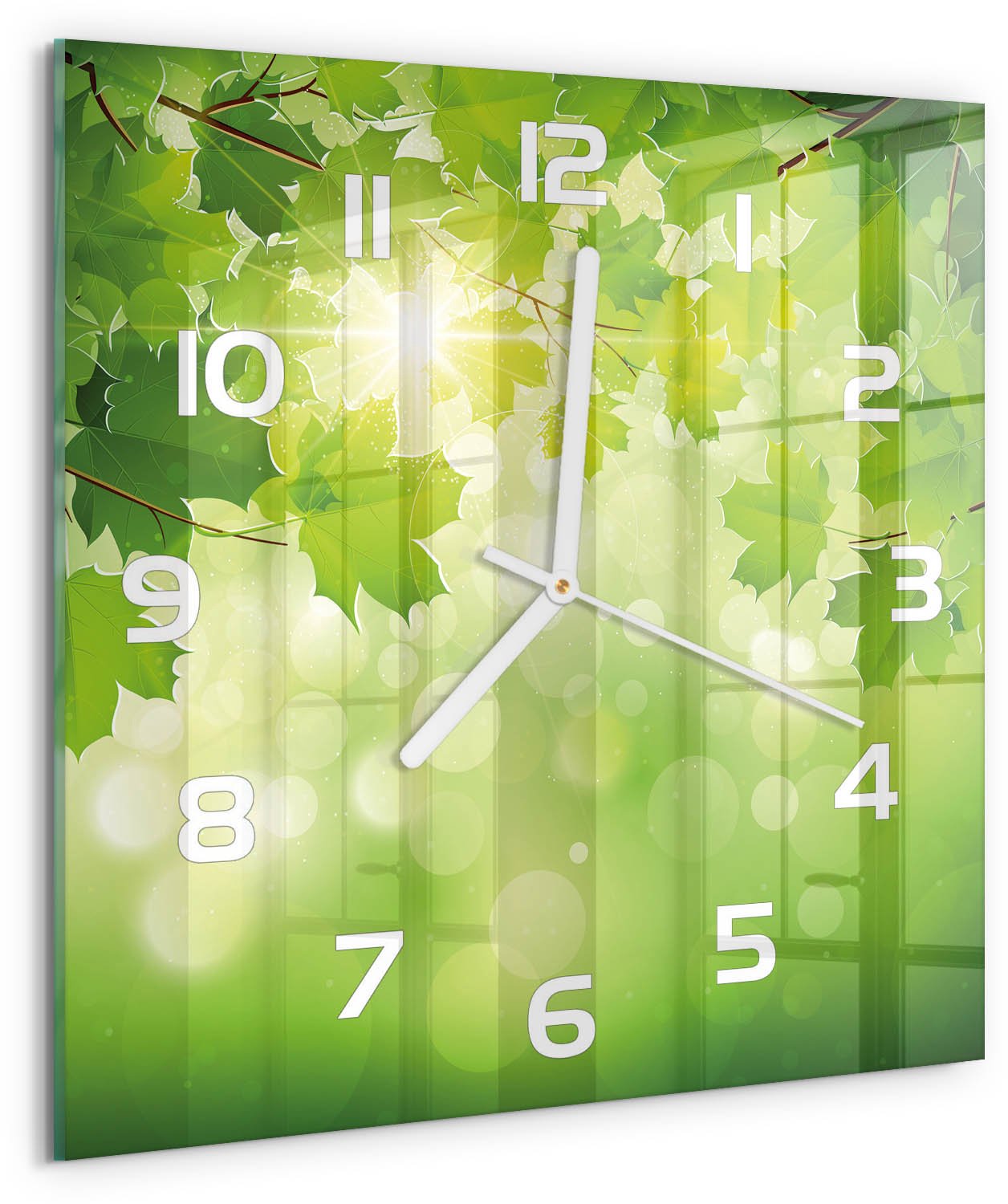 Tulup Wandklok - Paardenkastanjebladeren Decoratieve Glazen Klok - 30x30 cm - Groente Glazen Wandklok Design - Witte handen - Vierkante Klok - Glazen Klok Met Print - Wandklok Glas Met Motief