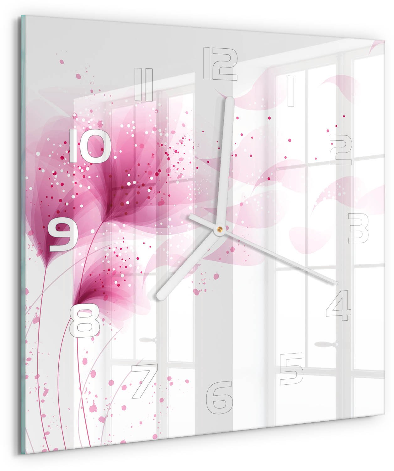 Tulup Wandklok - Roze bloem Glazen Klok Met Print - 30x30 cm - Roze Wandklok Glas Met Motief - Witte handen - Vierkante Klok - Wandklok Glas Decoratie - Gekleurde Glazen Klok