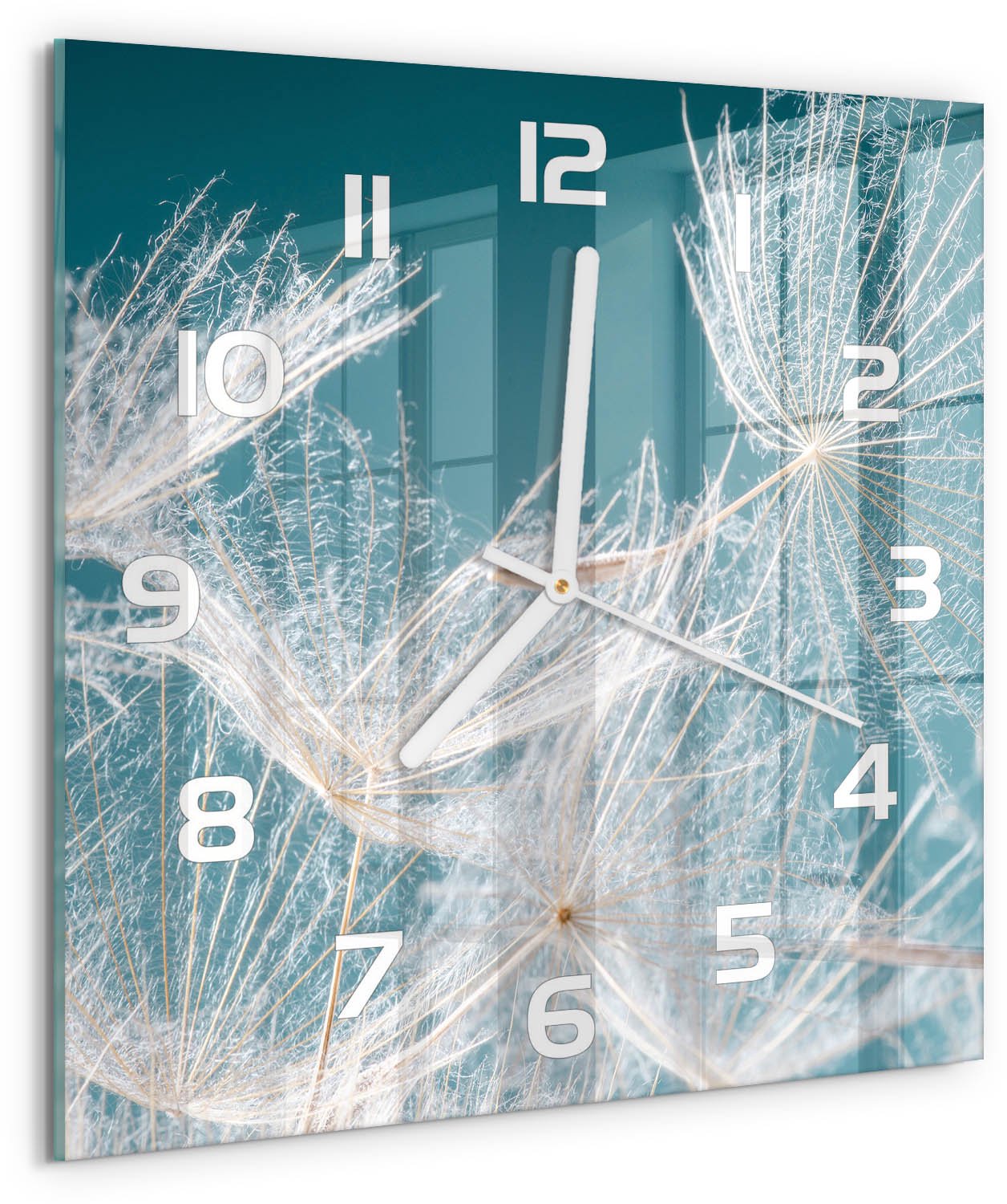 Tulup Wandklok - Paardenbloemzaden Klok Glas Met Opdruk - 30x30 cm - Wit Moderne Wandklok Glas - Witte handen - Vierkante Klok - Decoratieve Glazen Klok - Glazen Wandklok Design