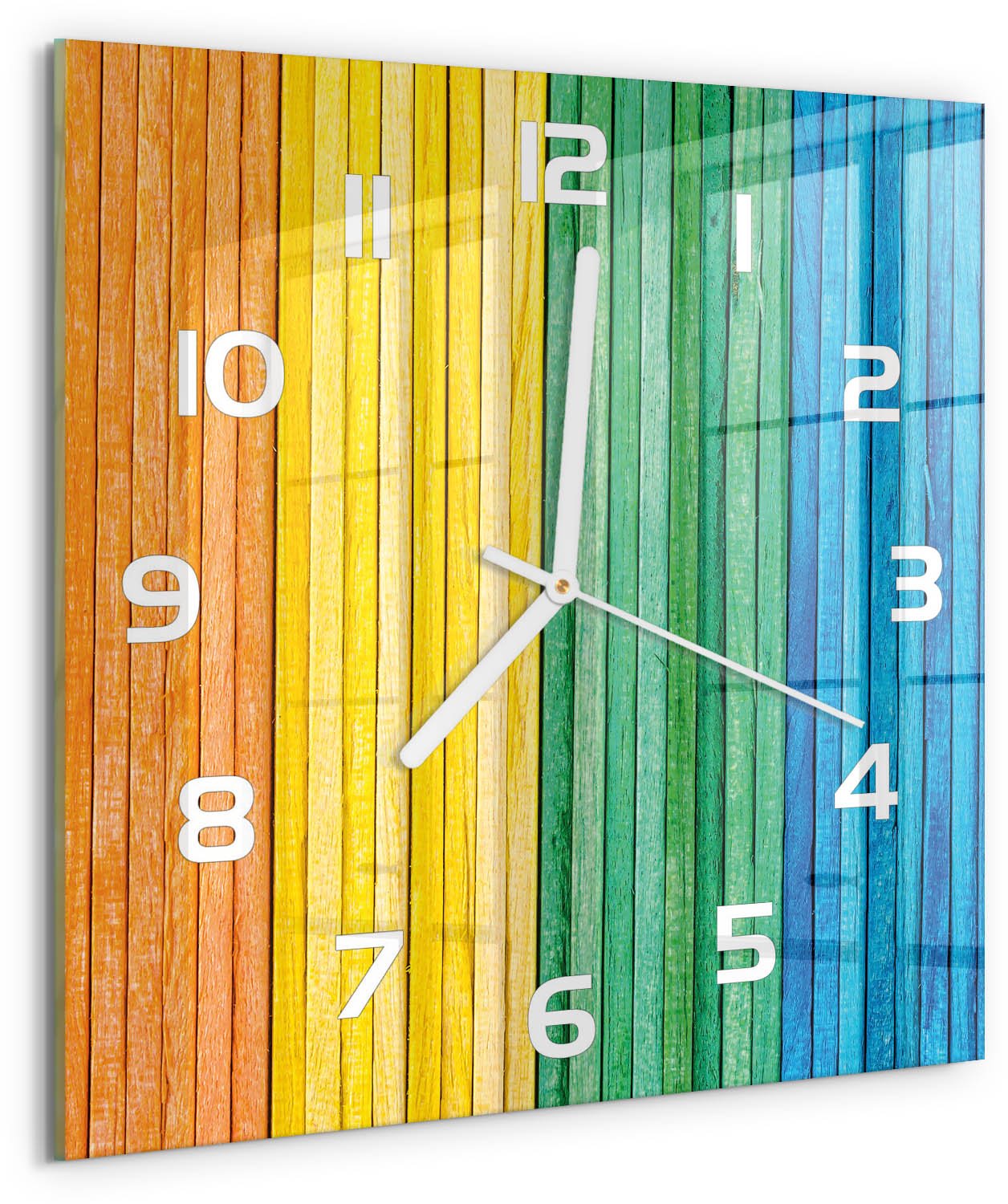TULUP Wandklok - Kleurrijke strepen Glazen Wandklok Design - 30x30 cm - Veelkleurig Klok Glas Met Opdruk - Witte handen - Vierkante Klok - Wandklok Glas Met Motief - Decoratieve Glazen Klok