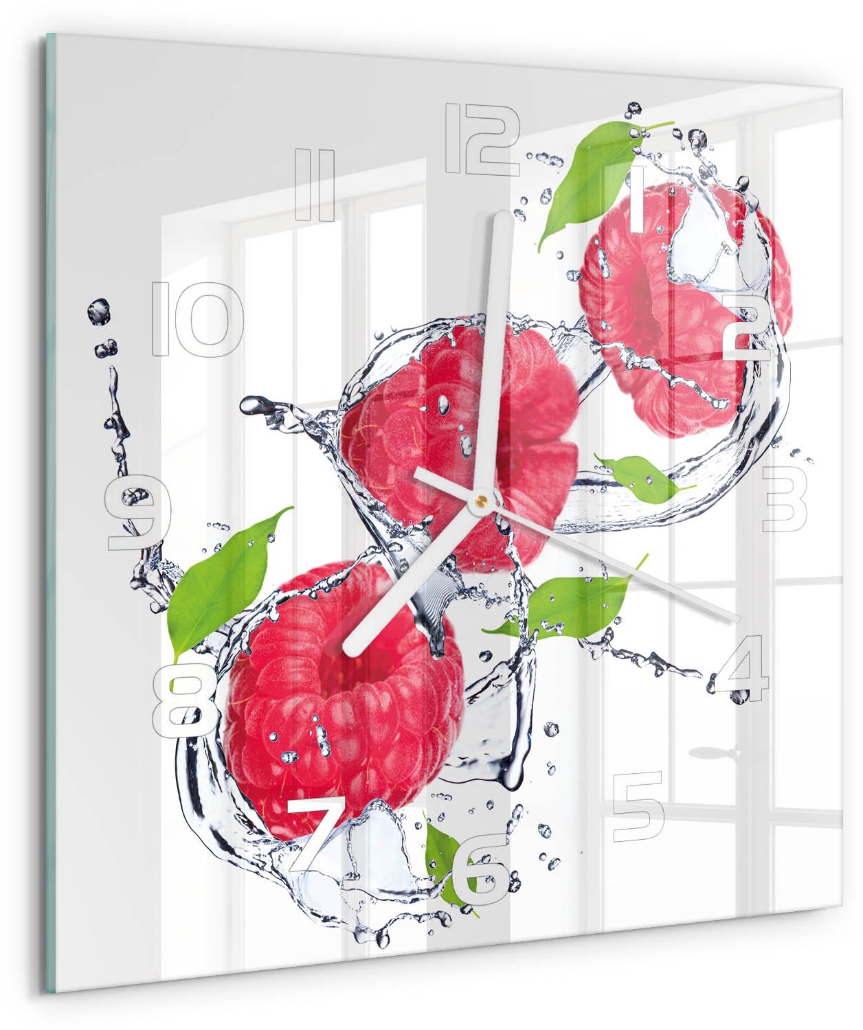 Tulup Wandklok - Framboos en water Wandklok Glas Met Motief - 30x30 cm - Roze Decoratieve Glazen Klok - Witte handen - Vierkante Klok - Gekleurde Glazen Klok - Glazen Klok Met Print