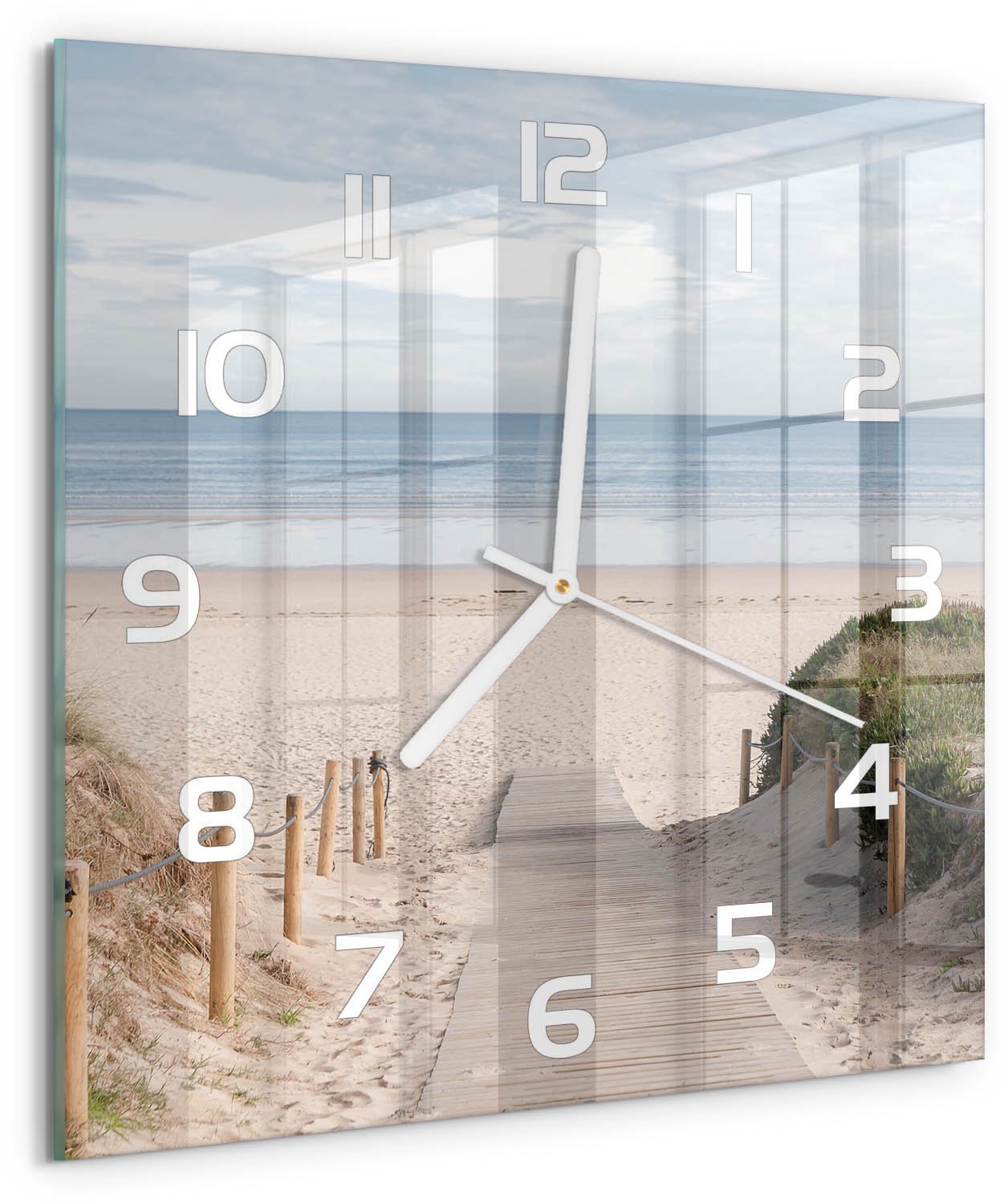 Tulup Wandklok - De weg naar het strand Gekleurde Glazen Klok - 30x30 cm - Beige Glazen Klok Met Print - Witte handen - Vierkante Klok - Moderne Wandklok Glas - Wandklok Glas Decoratie
