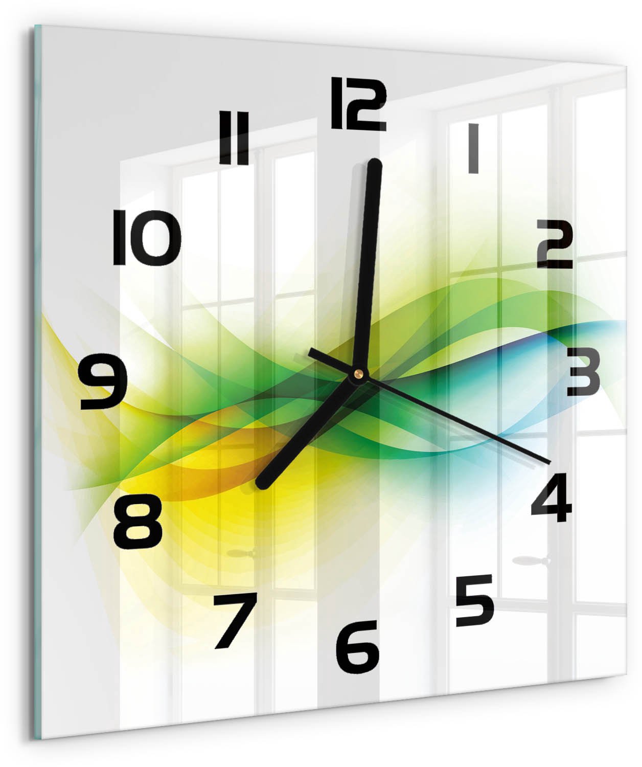 TULUP Wandklok - Golfabstractie Moderne Wandklok Glas - 30x30 cm - Veelkleurig Wandklok Glas Decoratie - Zwarte handen - Vierkante Klok - Glazen Wandklok Design - Klok Glas Met Opdruk